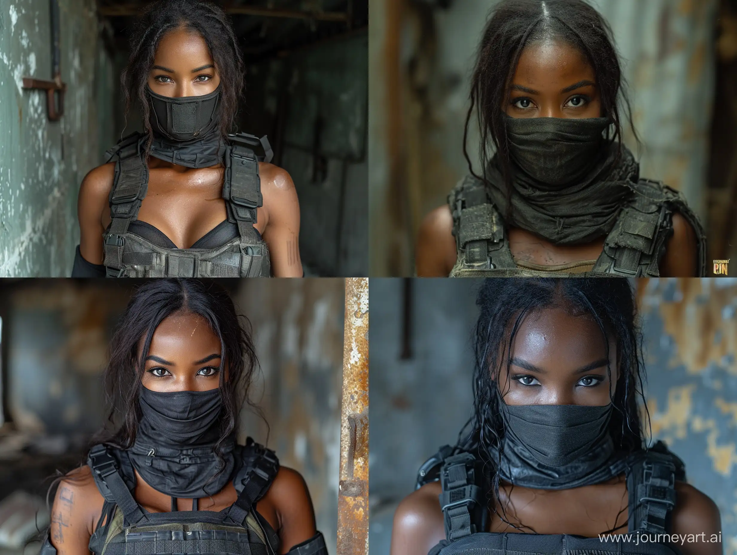 beautiful dark skin Sheva Alomar in S.T.A.L.K.E.R as mercenary in black tactical equipment platecarrier opened neckline facemask dark room poor light --s 999 --style raw --v 6