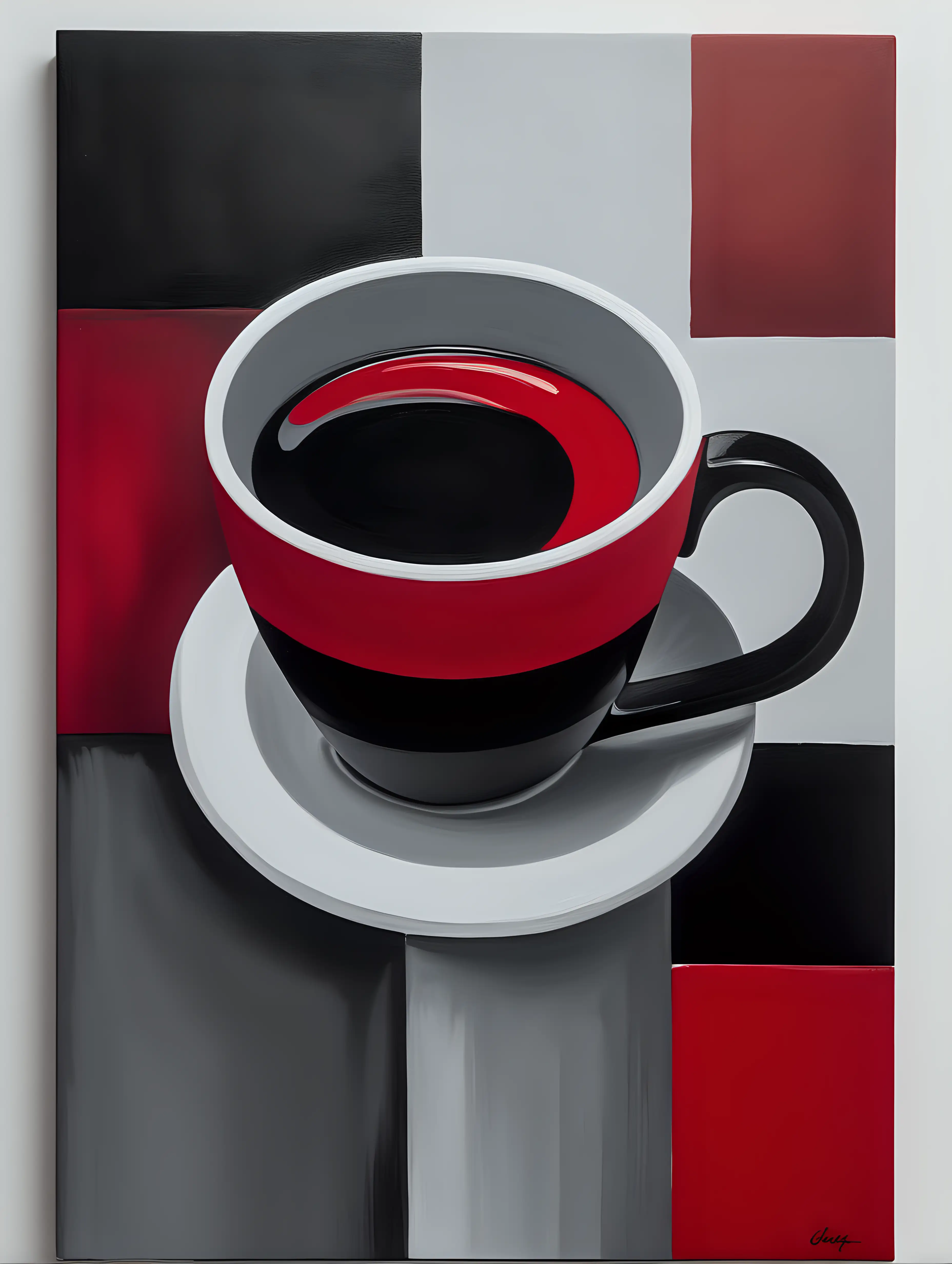 abstract painting using a palette of red, black and gray in a minimalist form. Morning Cup of comfort.