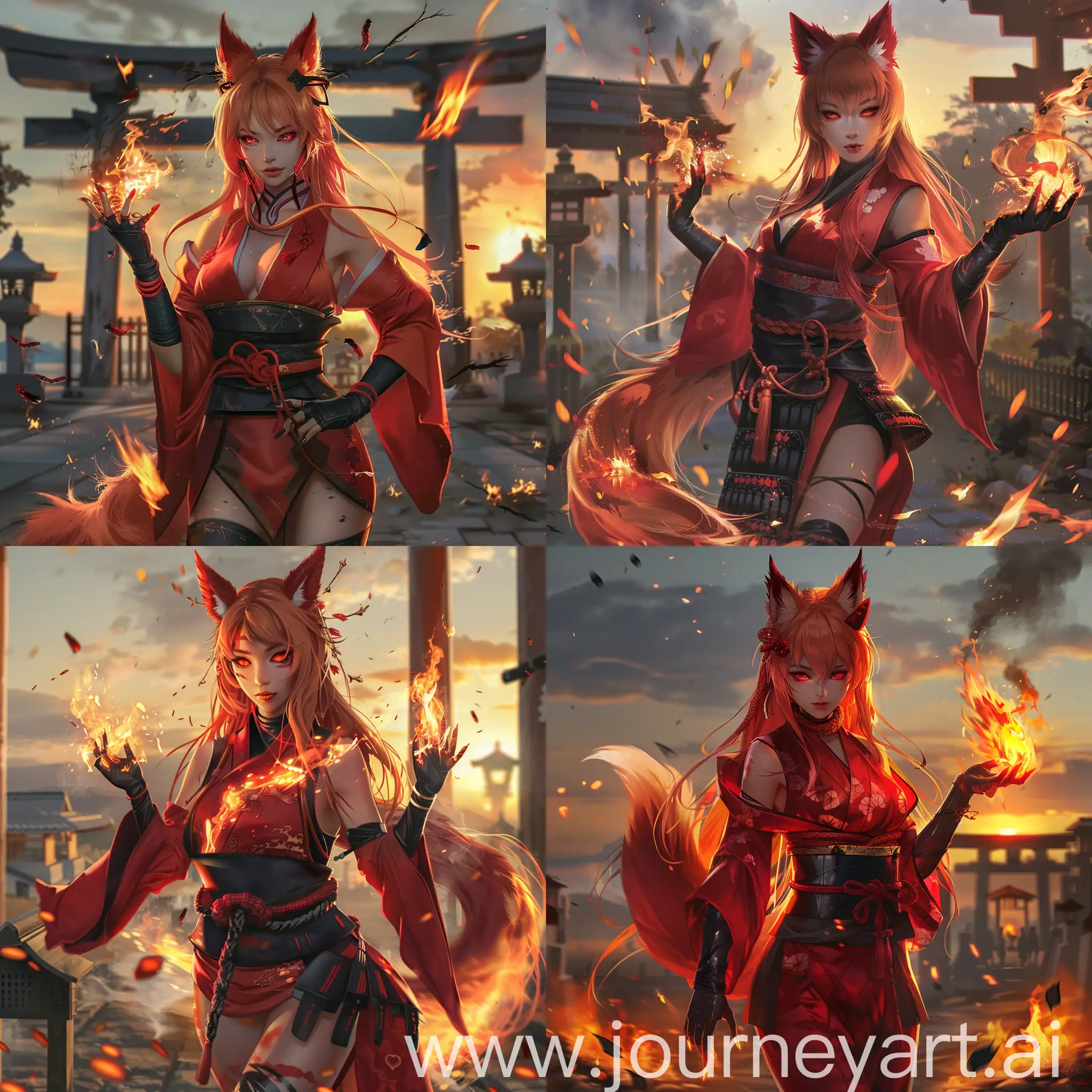 Fiery-Red-FoxWoman-Casting-Spell-at-Shinto-Shrine-during-Sunset