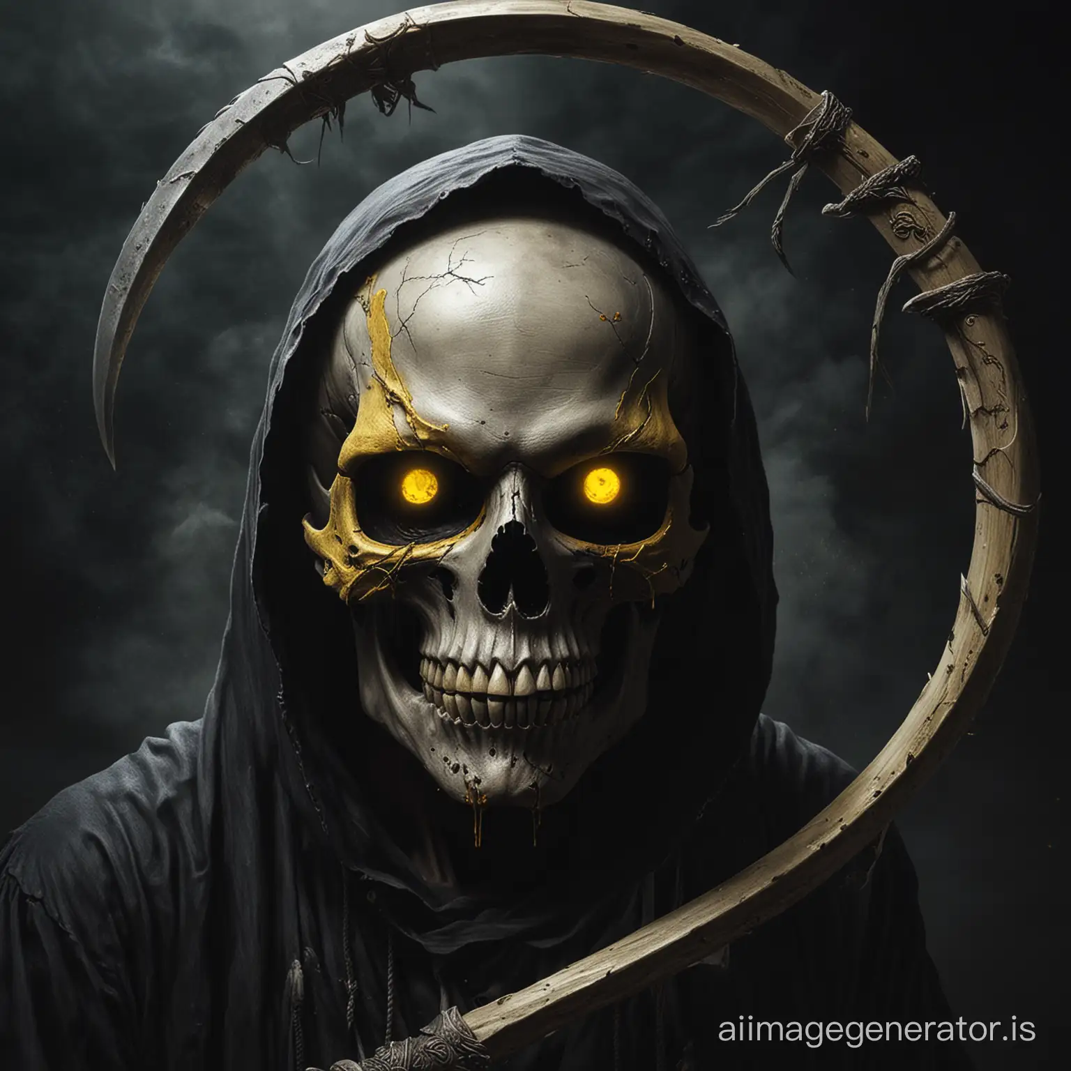image of death , dark background , a skull with yellow eyes and a scythe