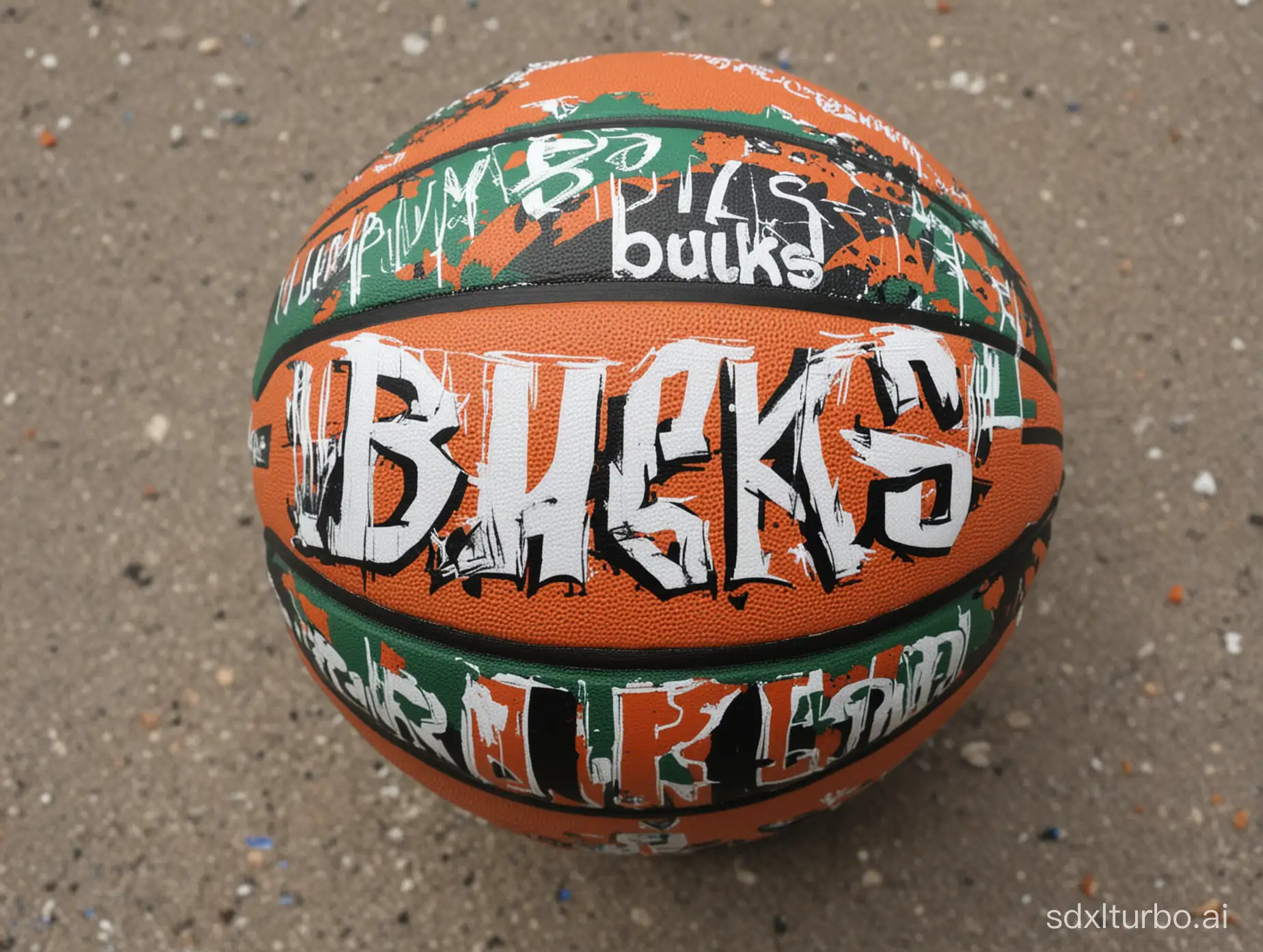 image a basketball with tagging on it saying "bucks". The basketball should be filled with graffiti that says "I AM bucks".