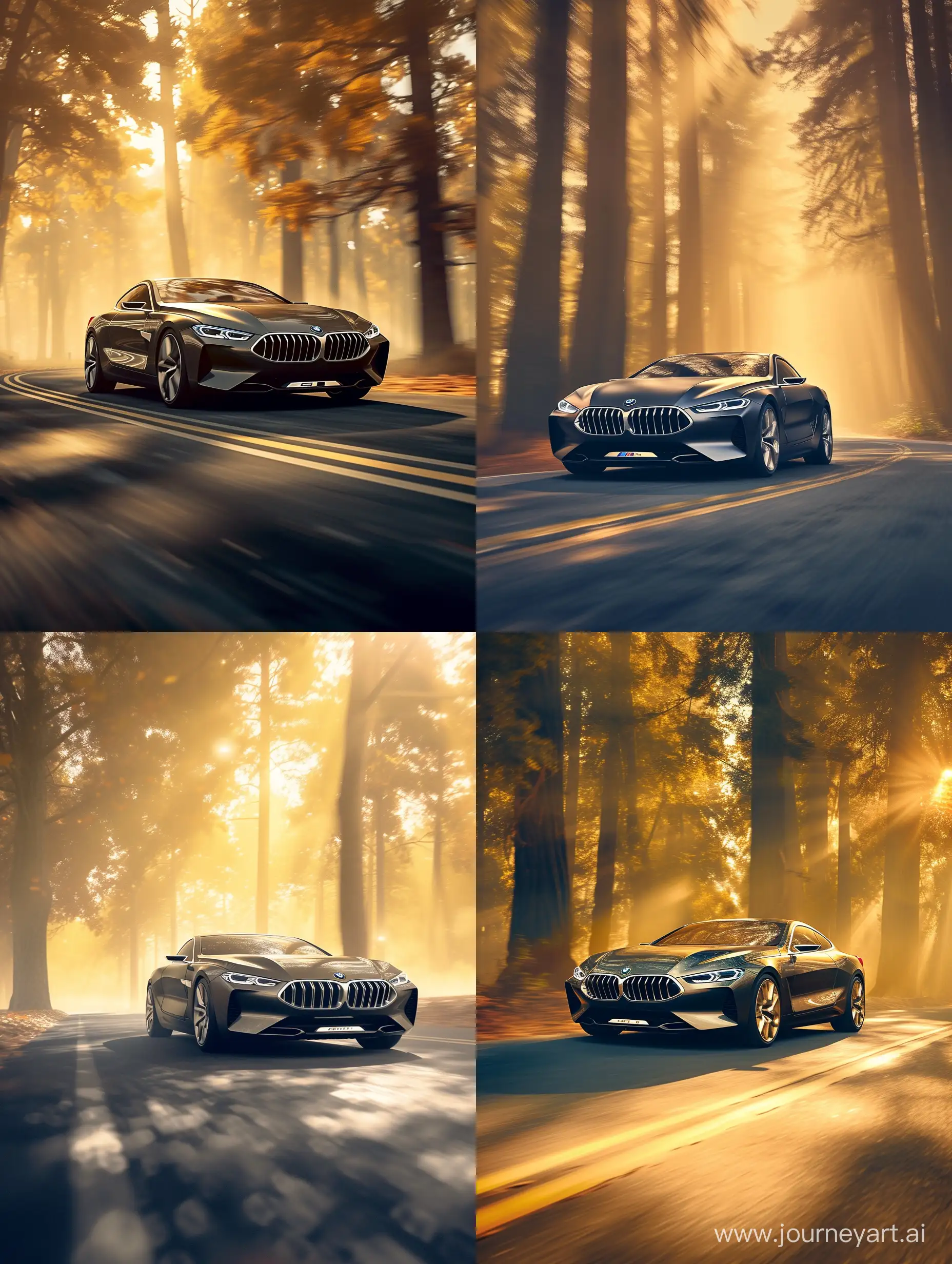 A BMW 8 series car is driving on a road in the middle of a forest. The background has a hazy, golden light shining through the trees. The car's headlights are on, and it has a BMW logo on the front grill.