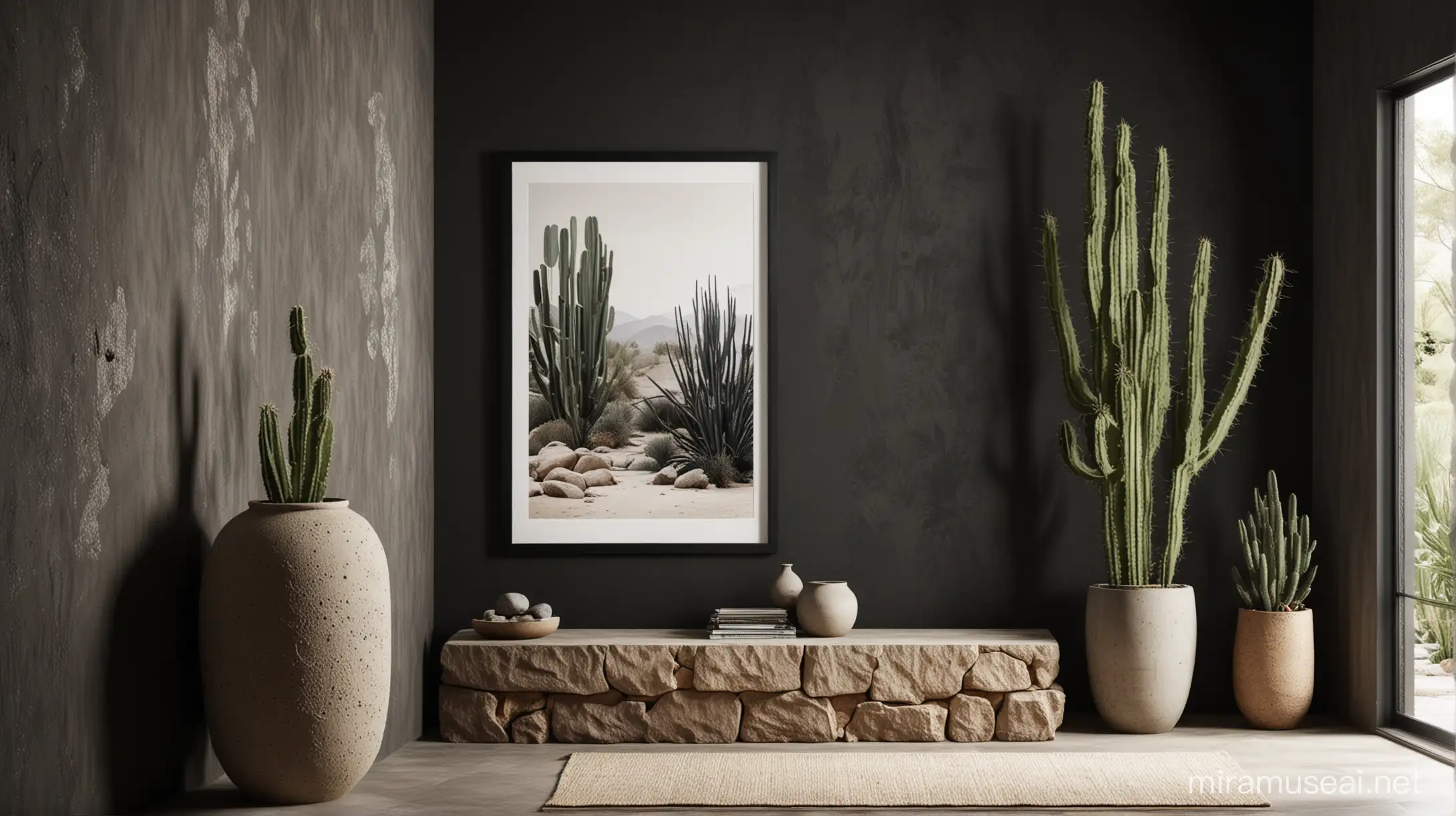 A gorgeous black wall contemporary close up framed black poster mockup with a minimal but rustic interior design including stairs and entrance hall, huge stone elements, including a contemporary Wabi Sabi huge vase in white sand finish as decoration with huge cactus, huge windows in the magazine style of ARCHITECTURAL DIGEST, a high quality architectural visualization, using 3D modeling software with photorealistic materials and advanced lighting techniques to showcase the intricate details and modern look of the room