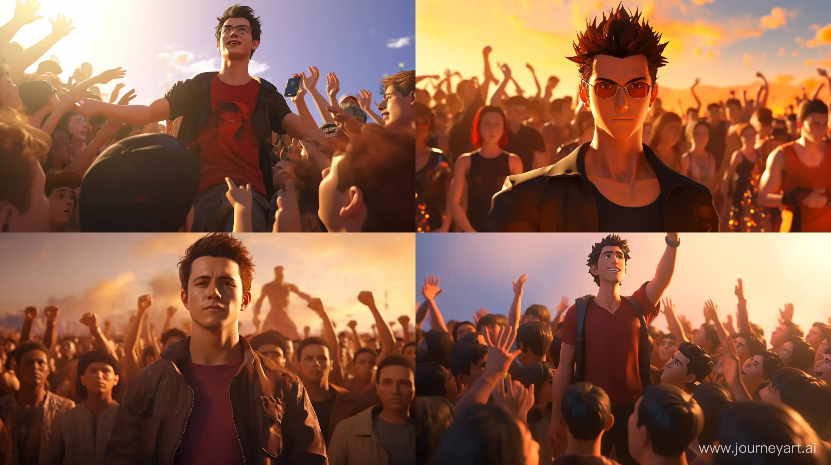 /imagine prompt: 3d, personality: [Frame John in a heroic stance, surrounded by a crowd of grateful individuals. He stands with his chest out, head held high, radiating confidence and pride. Capture the mixture of awe and appreciation on the faces of the crowd, symbolizing John's transformation from an ordinary man to a revered savior.] unreal engine, hyper real anime --q 2 --v 5.2 --ar 16:9
