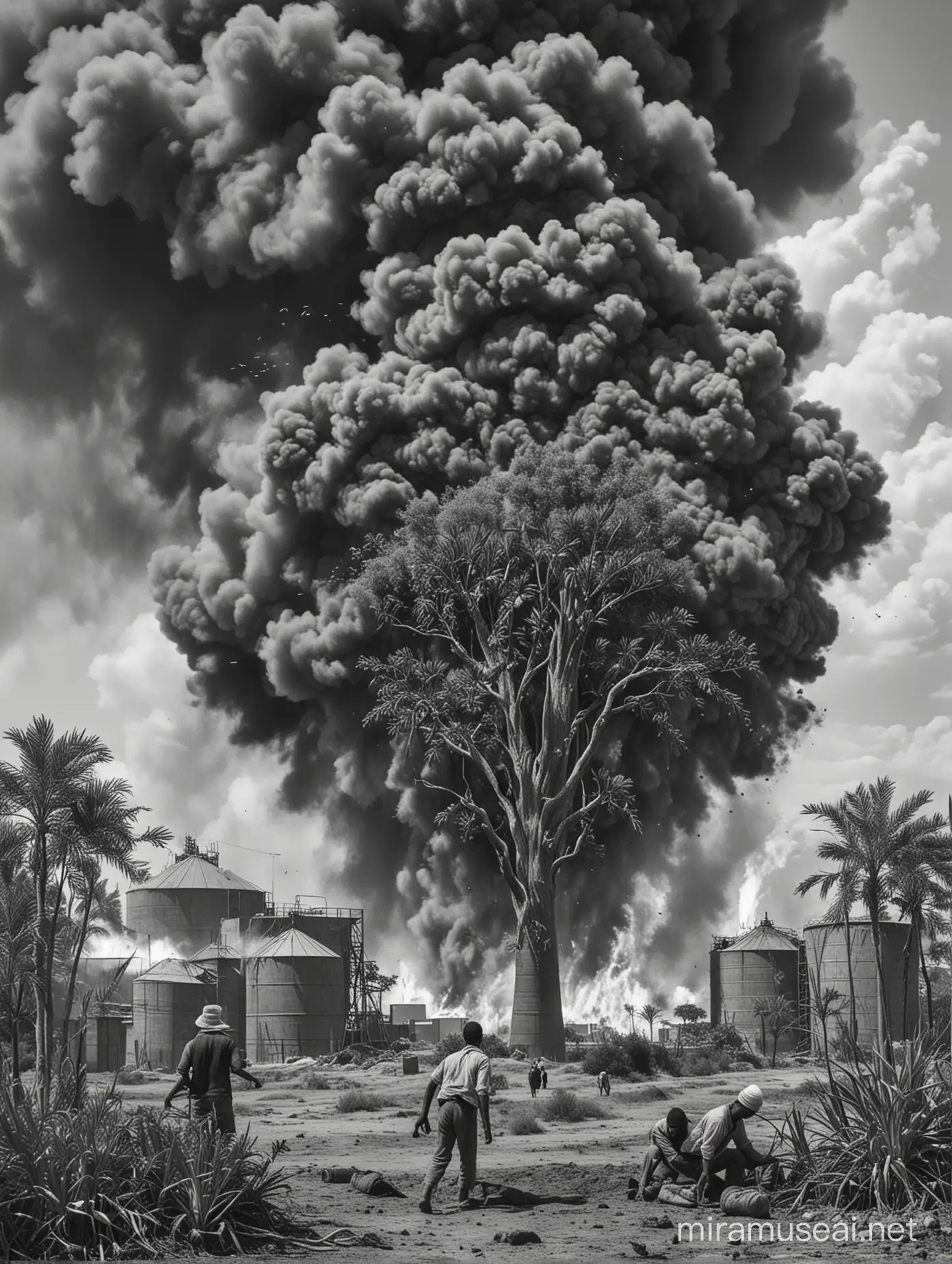 a monochrome novel cover is drawn by hand has a  Fire and burning of crops and grain storage tanks, Men from Upper Egypt ,A symbolic use of the revolution, A great camphor tree 