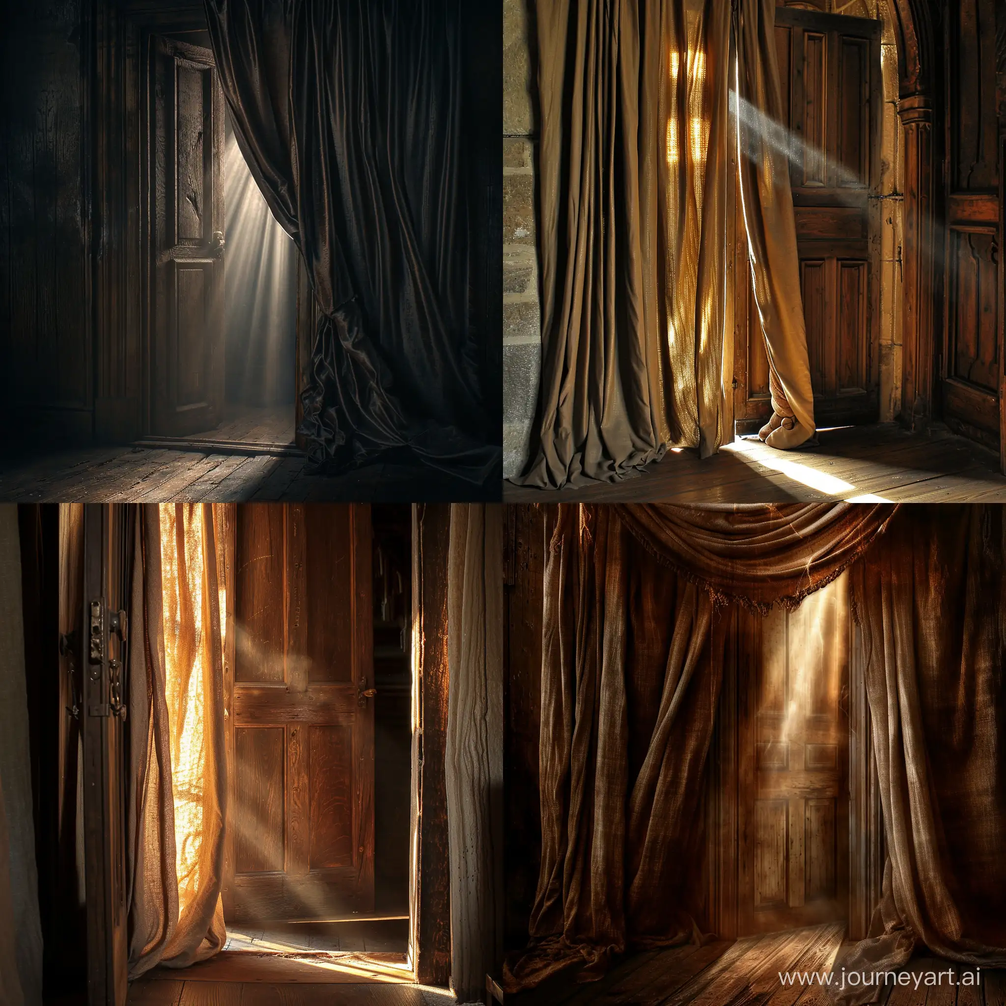 Sunlit-Oak-Door-with-Heavy-Curtains-Ajar