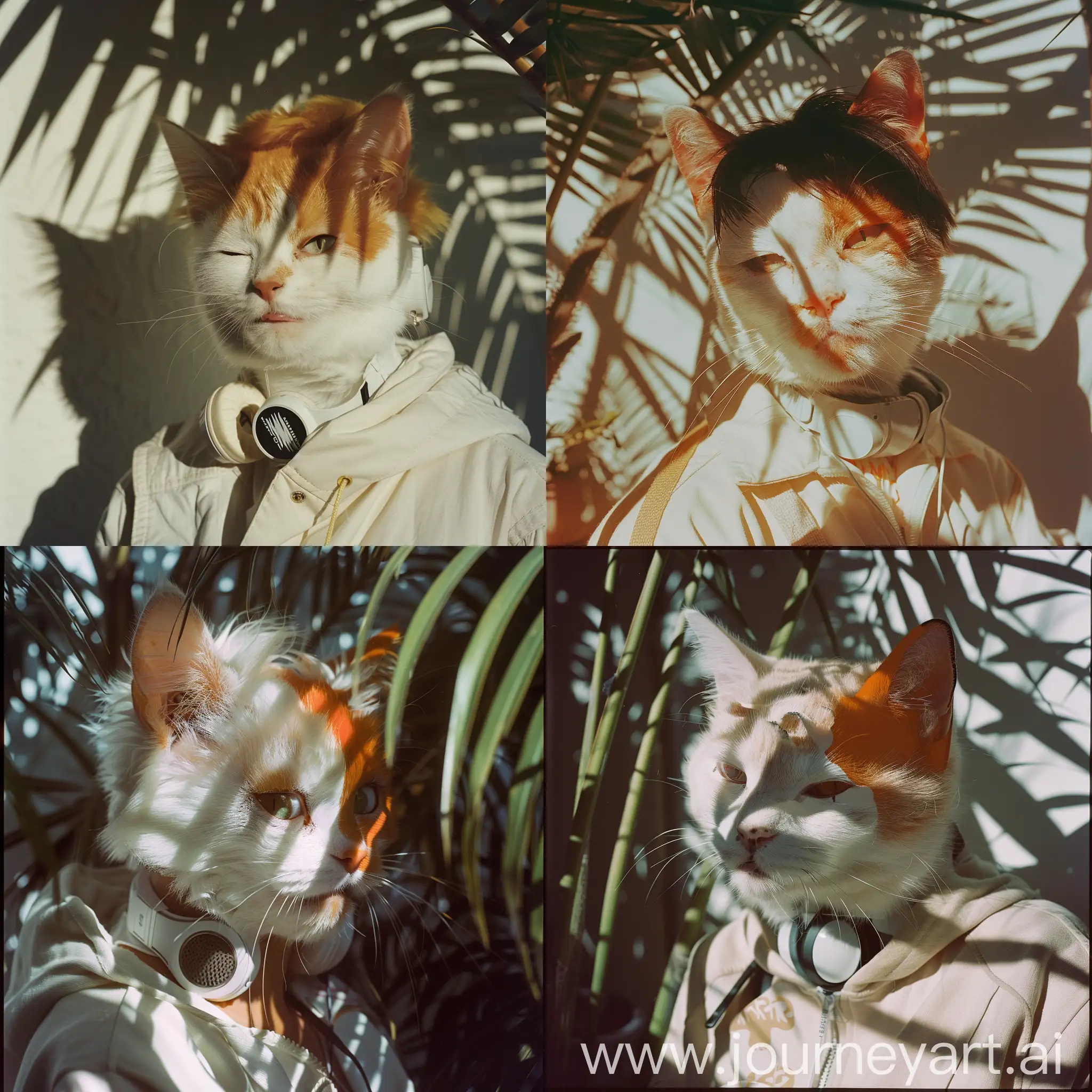 Cinematic, furry photography, an anthro furry cat, one eye winking, a face art, smiling, short hair, from the side, white and orange, domestic cat, gender-neutral, anorak, headphone on neck, ARRIFLEX 35 BL, Kodak Aerochrome, her face partially covered by shadows from the shade of a palm tree, dramatic,