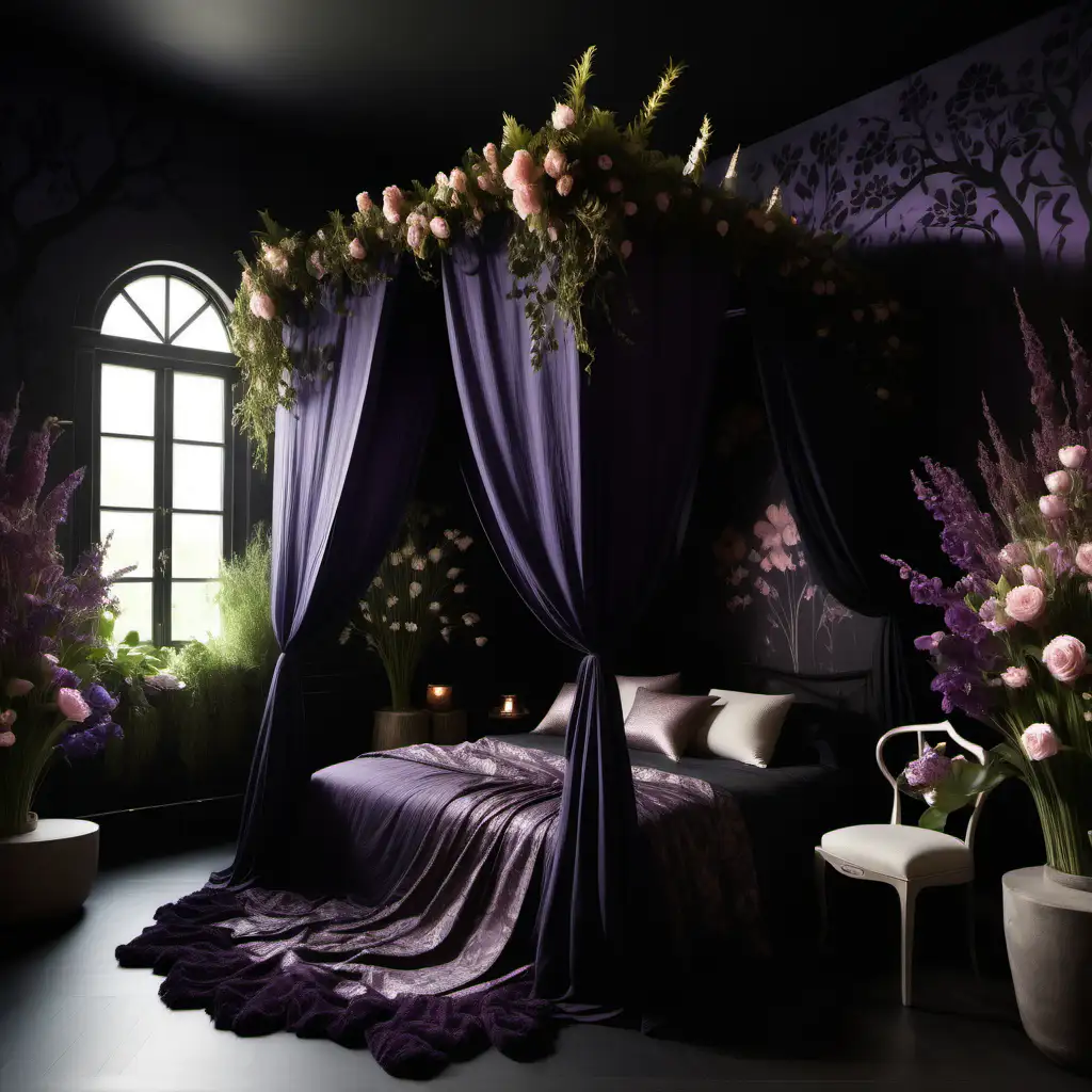 An image of a bedroom that seamlessly blends elements of both the underworld and the natural world. The walls are painted in shades of dark purple and black, reminiscent of the depths of the earth. Intricate floral patterns and vines adorn the walls, representing Persephone's connection to nature. A cozy canopy bed, draped with soft linens in hues of springtime pastels, stands in the center of the room, surrounded by blooming flowers and greenery. Shadows dance playfully across the room, hinting at the dual nature of Persephone's existence as both queen of the underworld and goddess of springtime renewal. The air is filled with the scent of fresh flowers and earth, evoking a sense of both mystery and vitality. Style of Ancient Greek mythology.