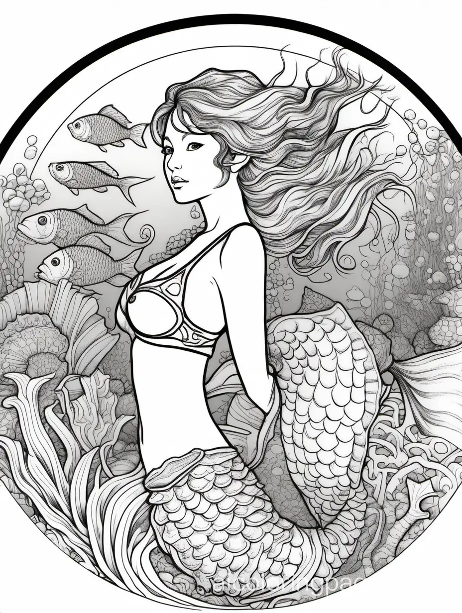 Robert Bresson cinematography style, mandala style, thin, slim, asian, beautiful. full length view, mermaid, in a clamshell, with seashell bra, under the sea, swimming, pen and ink and watercolor, fantasy, high detail, Coloring Page, fine art, masterpiece, line art, The outlines of all the subjects are easy to distinguish, (no legs) fish tail, Coloring Page, black and white, line art, white background, Simplicity, Ample White Space. The background of the coloring page is plain white to make it easy for young children to color within the lines. The outlines of all the subjects are easy to distinguish, making it simple for kids to color without too much difficulty