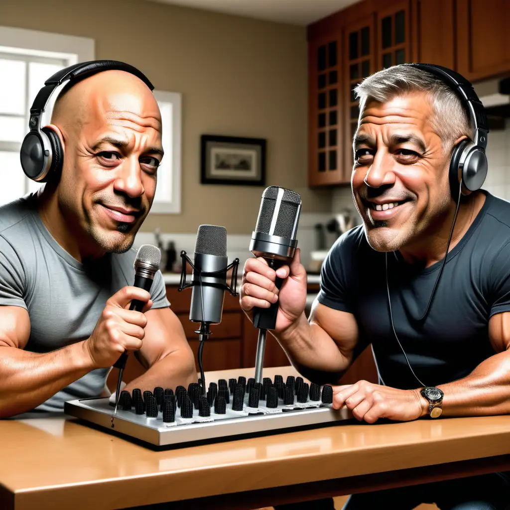 a caricature of Vin diesel and george clooney recording  a podcast with headphnes and microphones at a kitchen table. style of mad magazine