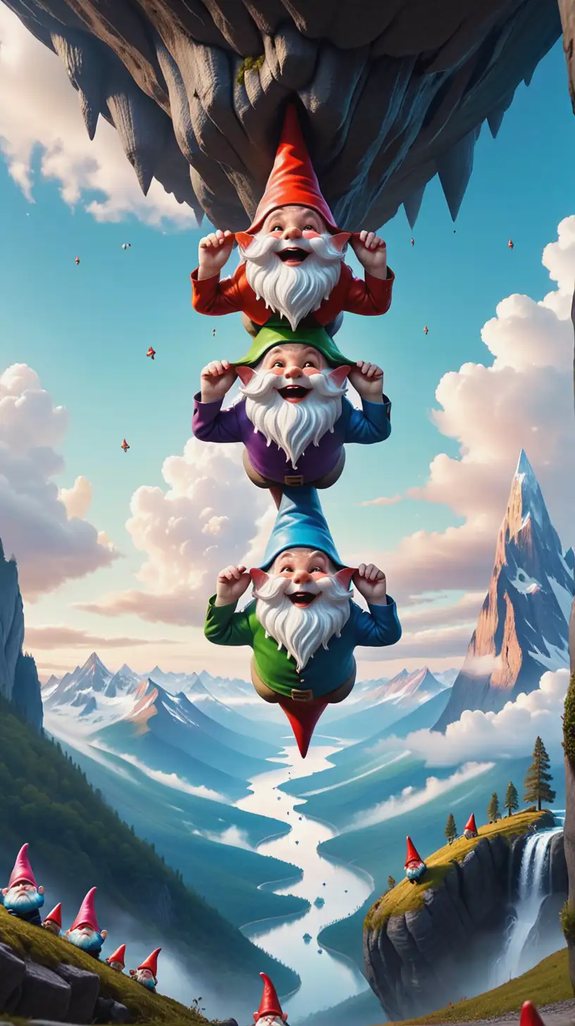 Surreal upside-down gnomes mountain 