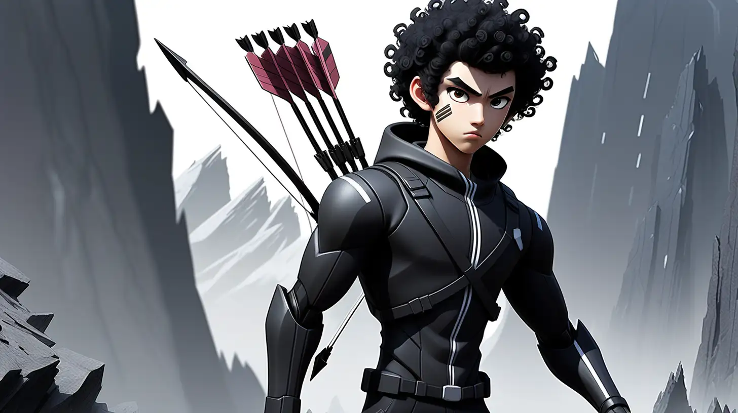 2d, anime, asian male, age 21, black curly hair, emo, thick black eyebrows, dark eyes, wearing black clothes with one white stripe, running, In a dystopian mountain, Logan a defiant hero, confronts a relentless horde of robot enforcers. Armed with futuristic bow and arrow and acrobatic prowess, 
