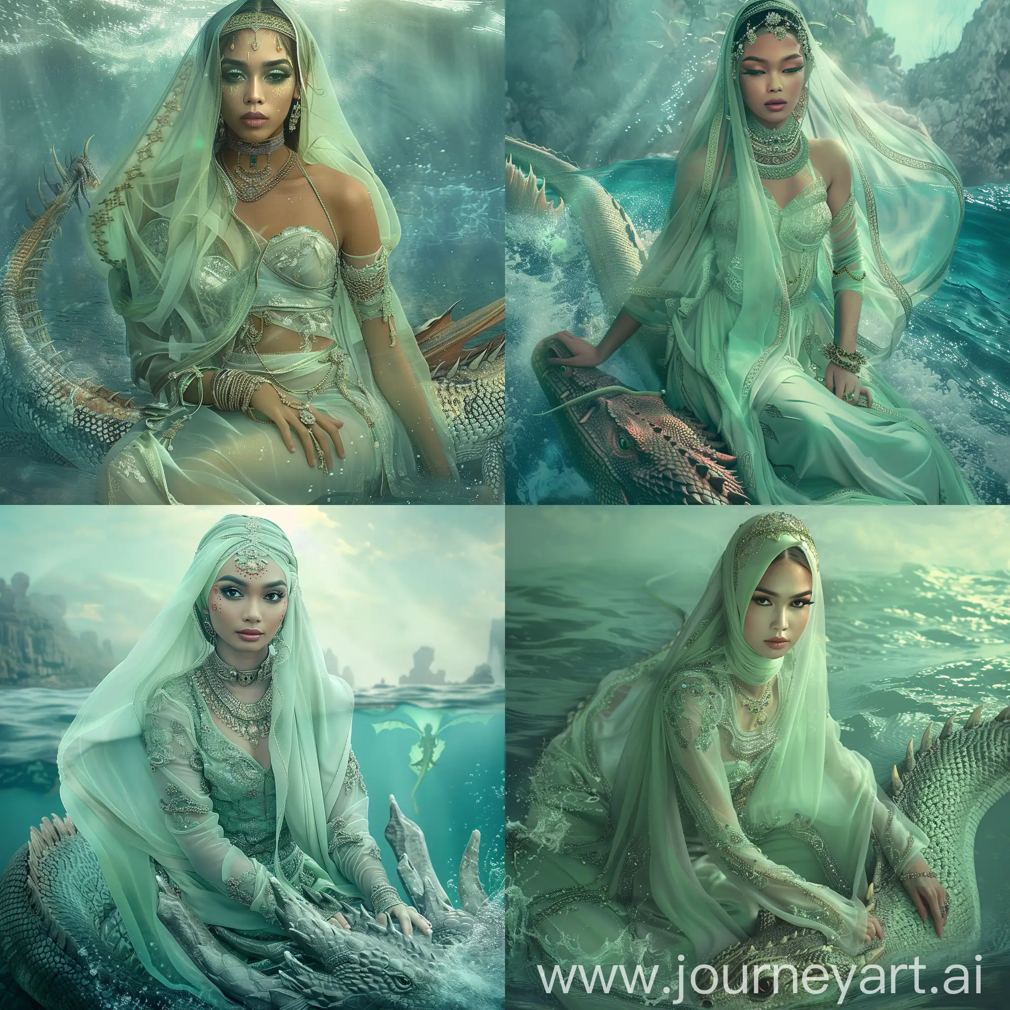 a hyper-realistic depiction of a beautiful Indonesian woman; veiled; wearing light green luxurious royal clothing; perfect makeup, and jewelry, she sits on the back of a dragon swimming in the sea, very realistic; natural, stable diffusion, digital art, very high quality 36k.