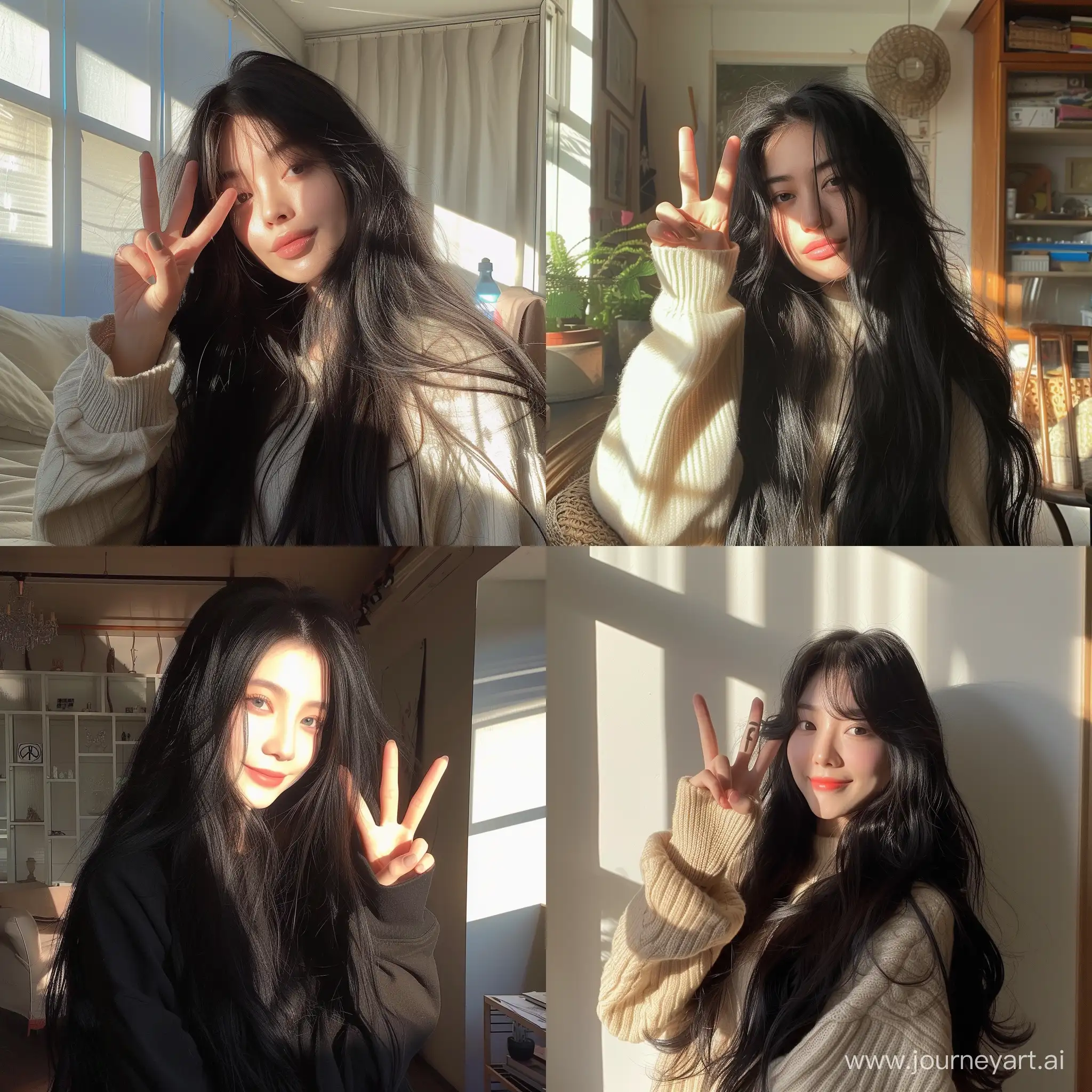 Sunlit-Room-Portrait-Instagram-PFP-Girl-with-Long-Black-Hair-Making-Peace-Sign