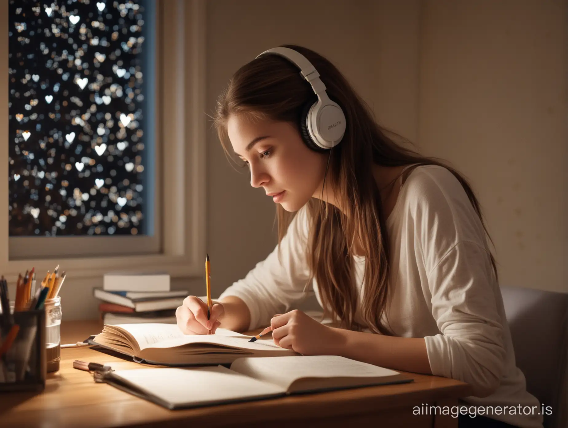 Young-Woman-Studying-Alone-in-Serene-Room-with-Night-Sky-View