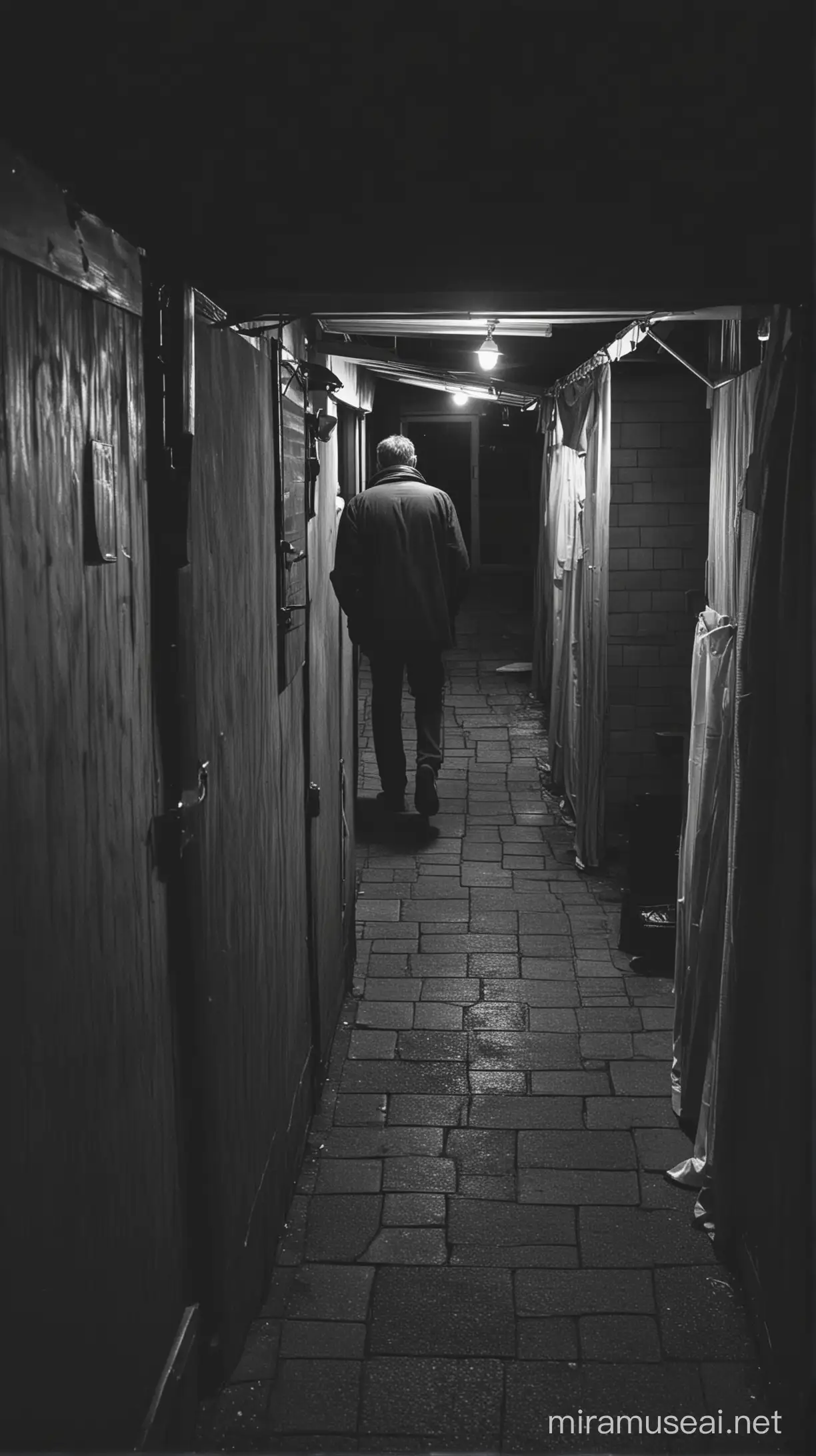 Gambar warung remang-remang di tengah malam dengan seorang ayah sedang berjalan menuju toilet.