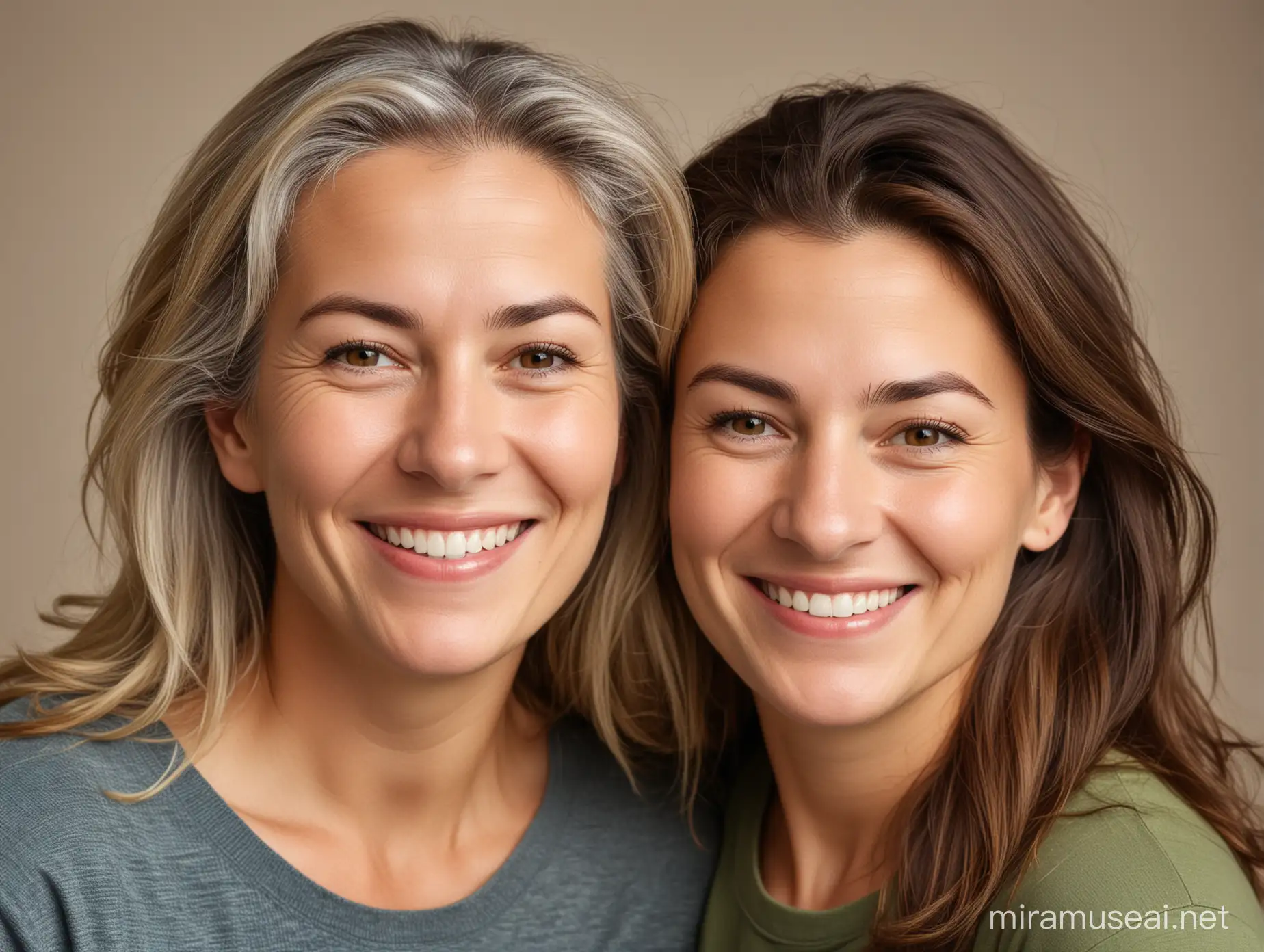 an image of a 50-year-old mother and her 20-year-old daughter smiling with simple background