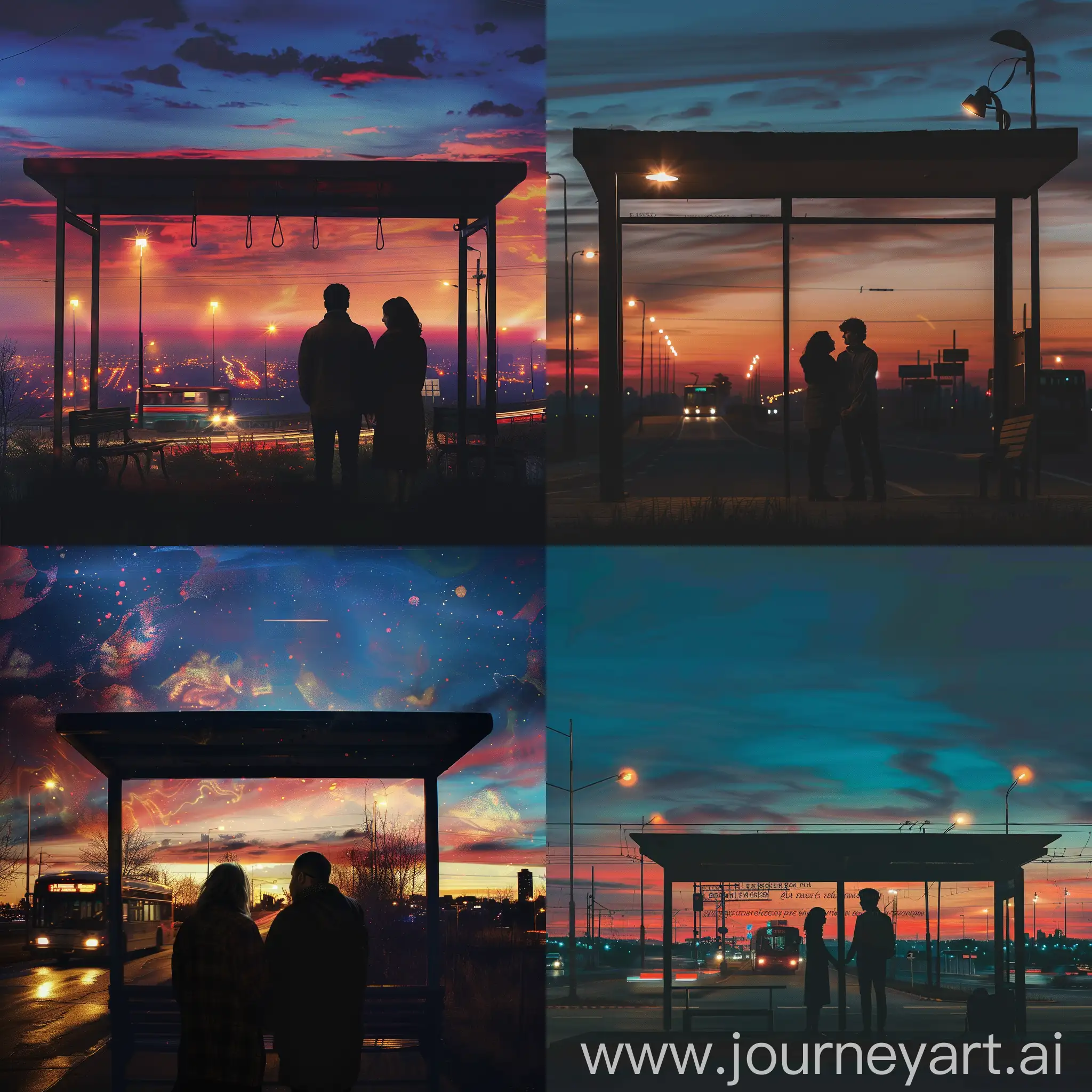 old photo:
A bus stop illuminated by the last lights of the sunset, with two people standing in front of it. The city lights, street lamps, and color transitions in the sky convey the emotions described in the poem. Hands tightly clasped, emphasize the connection between the couple as they gaze towards the sky. A bus departing from the bus stop, the silhouette of the city, and distant roads fading away symbolize a journey towards the next stop. Choose a warm color palette to reflect romance and warmth.