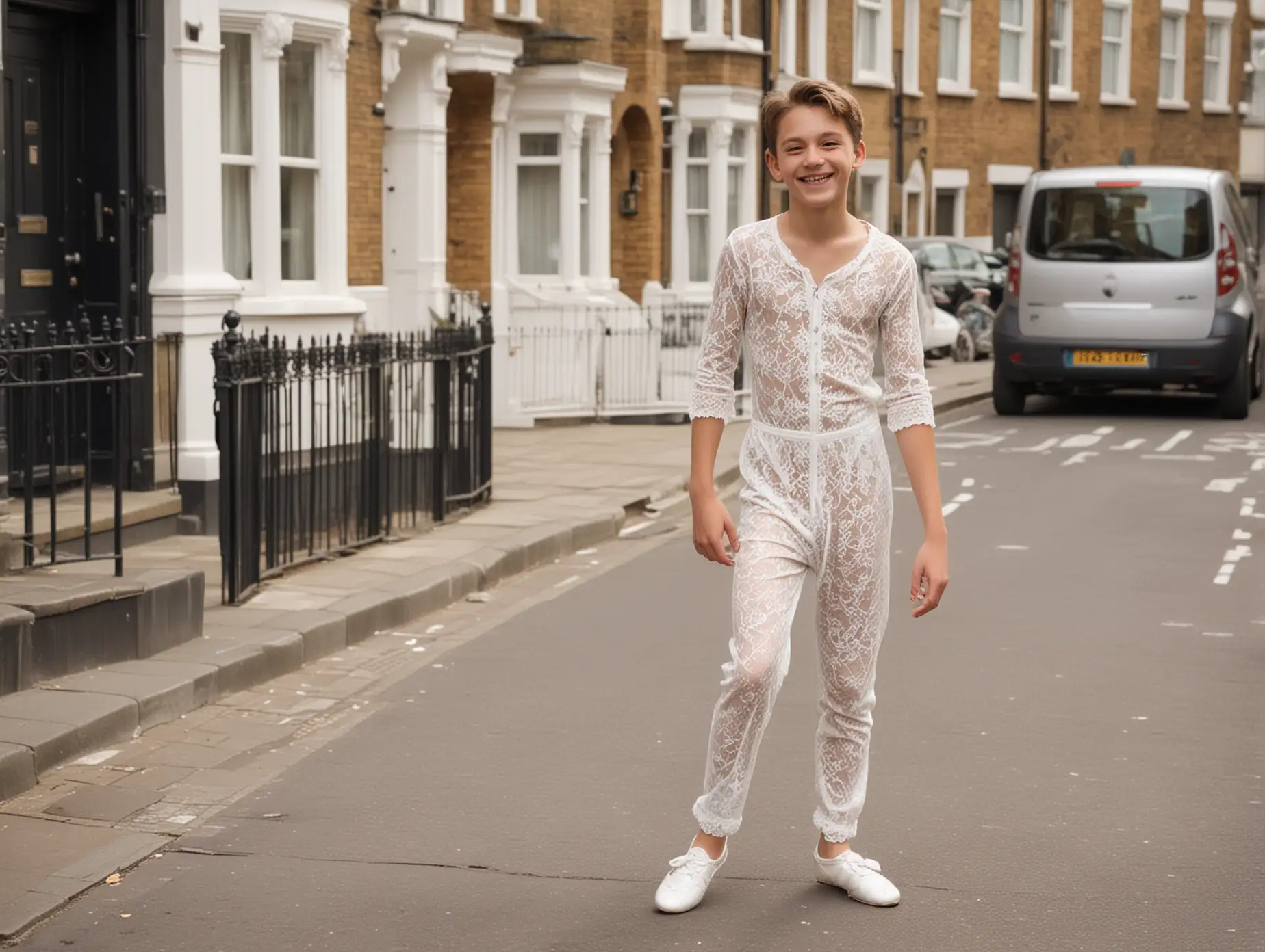 thin 14 year old boy in skin-tight white lace jumpsuit.  white ballet shoes.  smiling at camera in a London street