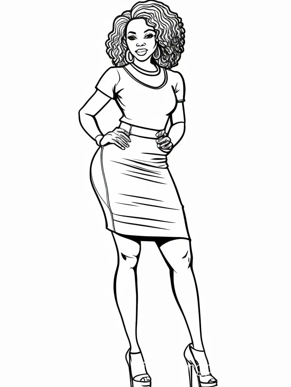 Pretty black woman in mini skirt and heels, Coloring Page, black and white, line art, white background, Simplicity, Ample White Space. The background of the coloring page is plain white to make it easy for young children to color within the lines. The outlines of all the subjects are easy to distinguish, making it simple for kids to color without too much difficulty