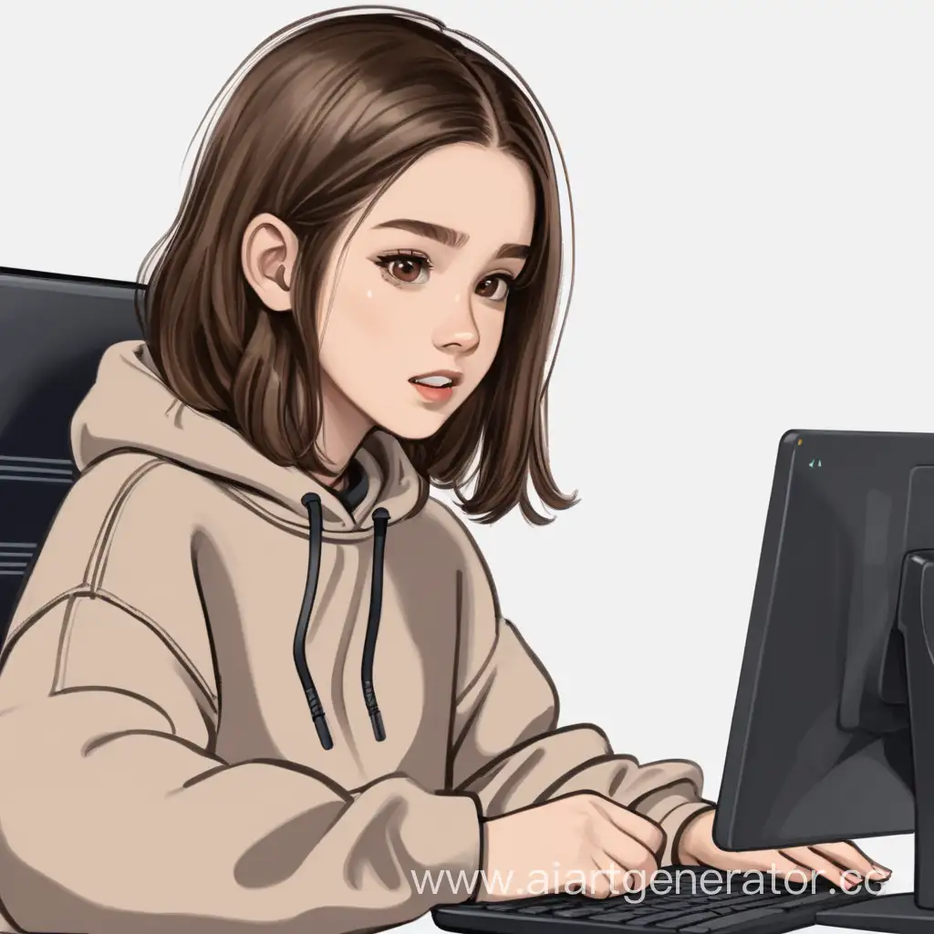 Young-Girl-with-Brown-Hair-Watching-Computer-Video-Tutorial-with-Microphone