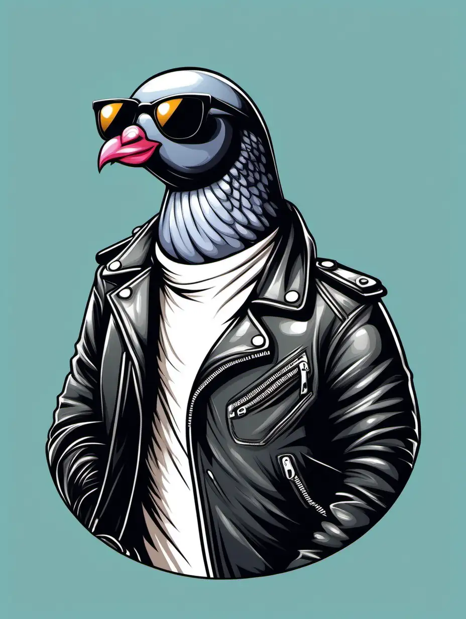 Simple Cartoon illustration of a pigeon wearing sunglasses and leather jacket