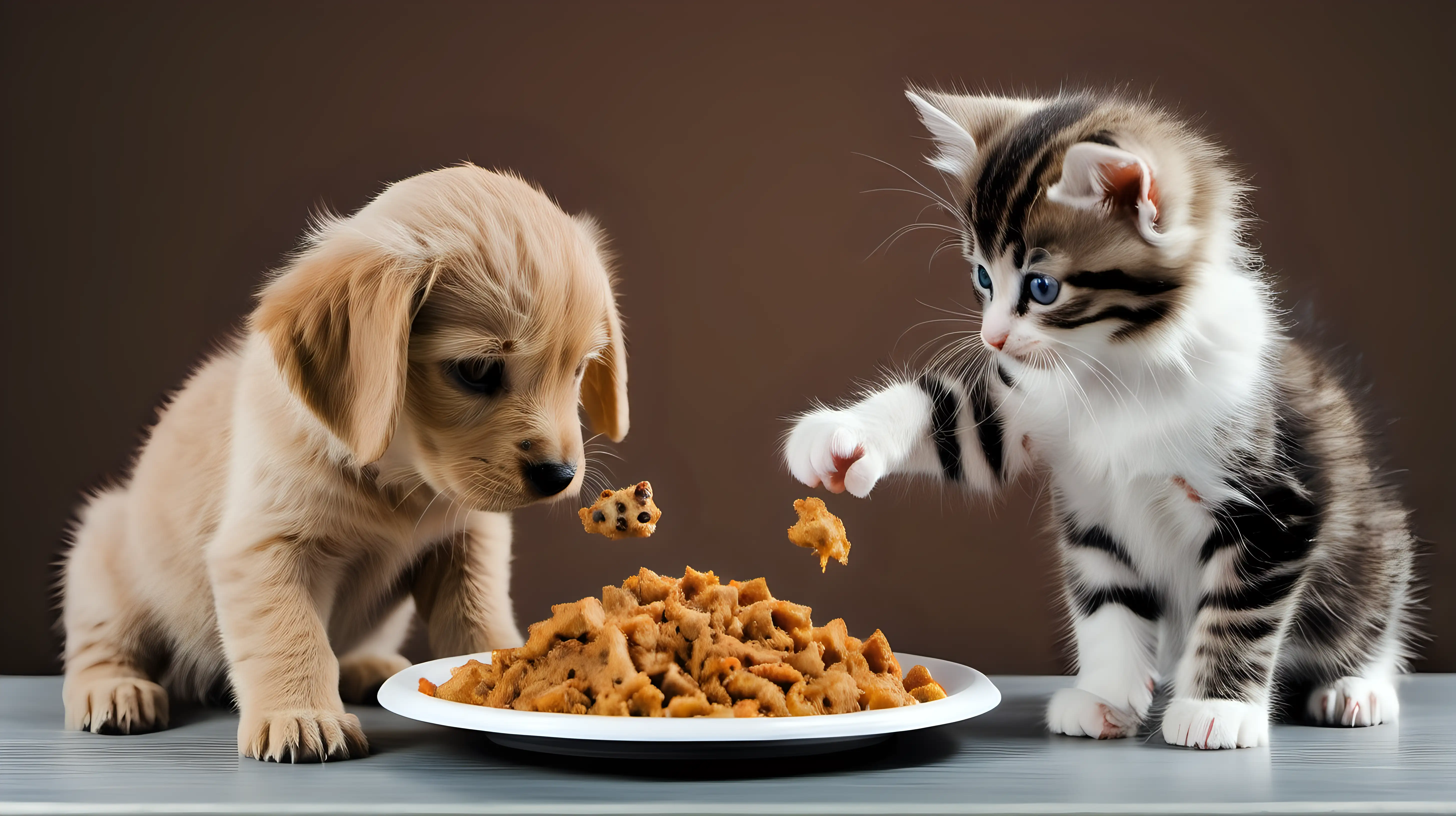 puppy and kitten eating food on the table, isolated on background