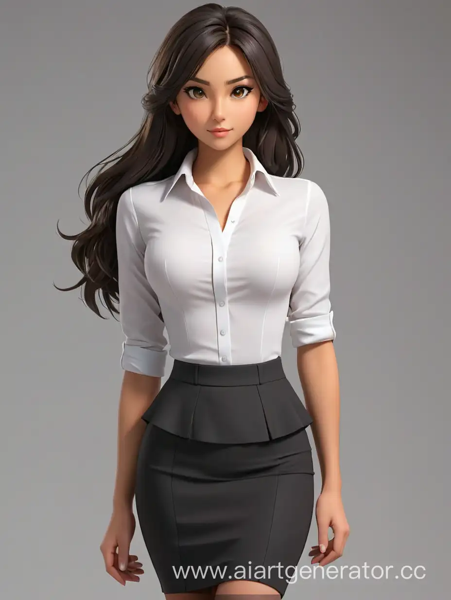 3D   hyperanime, busty  12 age girl in black business manager clothes, in a tight white unbuttoned shirt,  slim body, a long black tight pencil skirt with  high waist with peplum