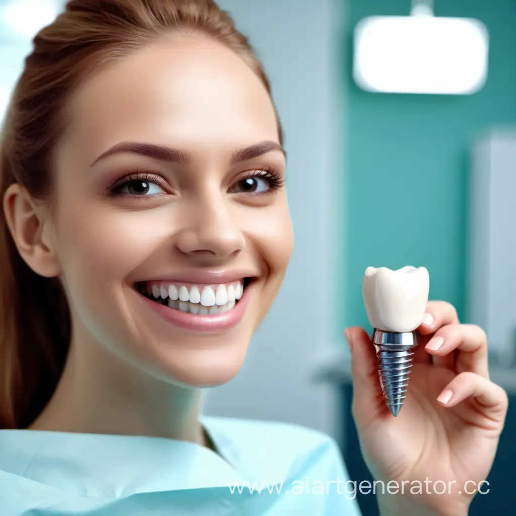 красивая улыбка человека, на фоне стоматологического кабинета, реклама продукции Snucone implant