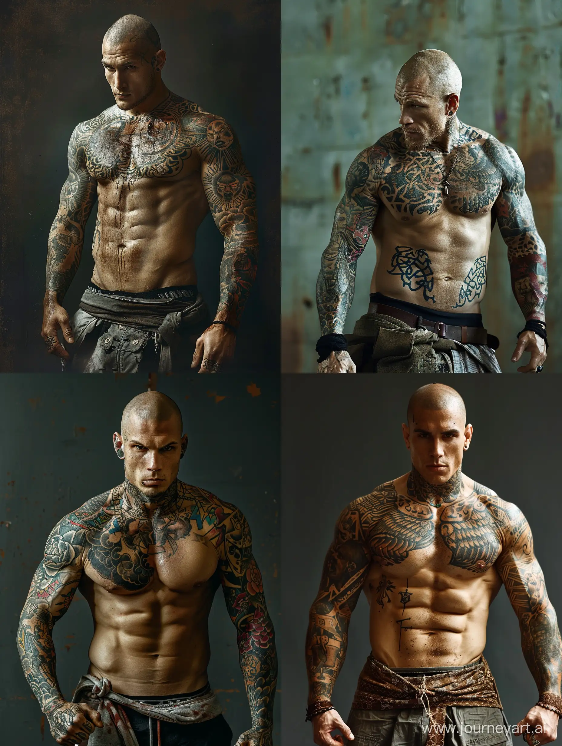 Лысый, мускулистый мужик, всё его тело в татуировках, голый торс, боец на арене, дерётся в рукопашную. 