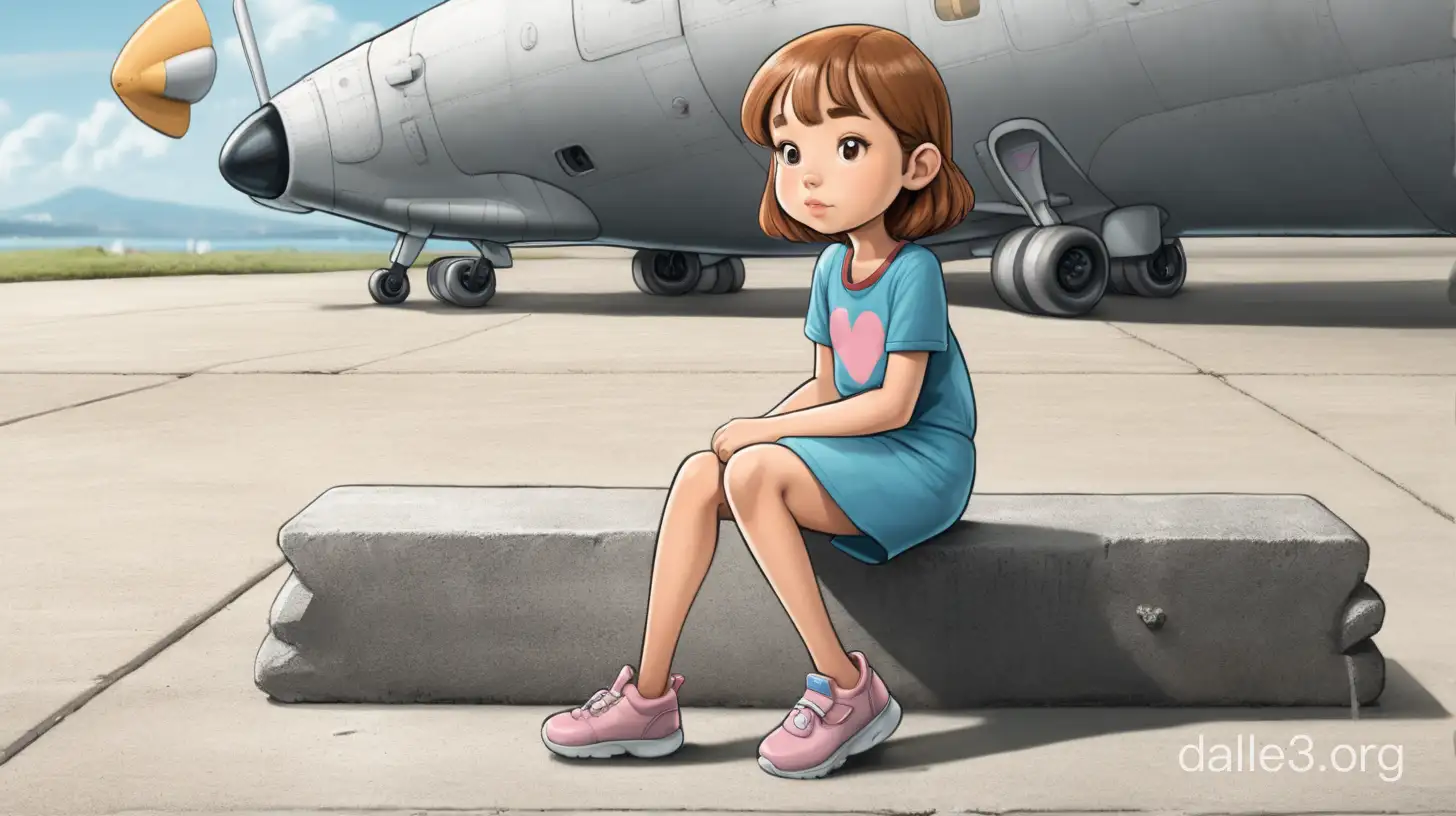 Cartoon girl sitting on a concrete plane