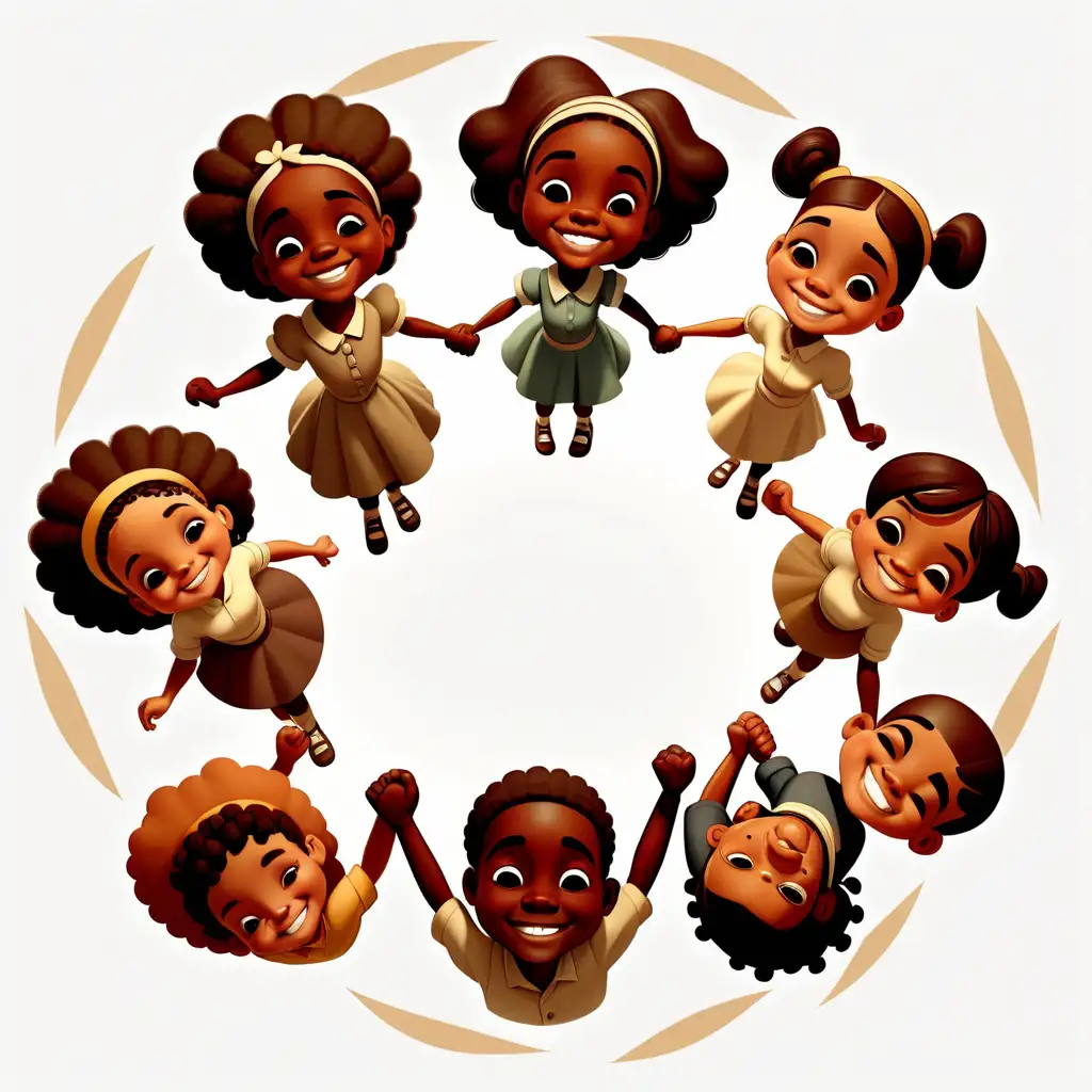 1900s cartoon style African American kids holding hands twirling in a circle smiling  around them top view