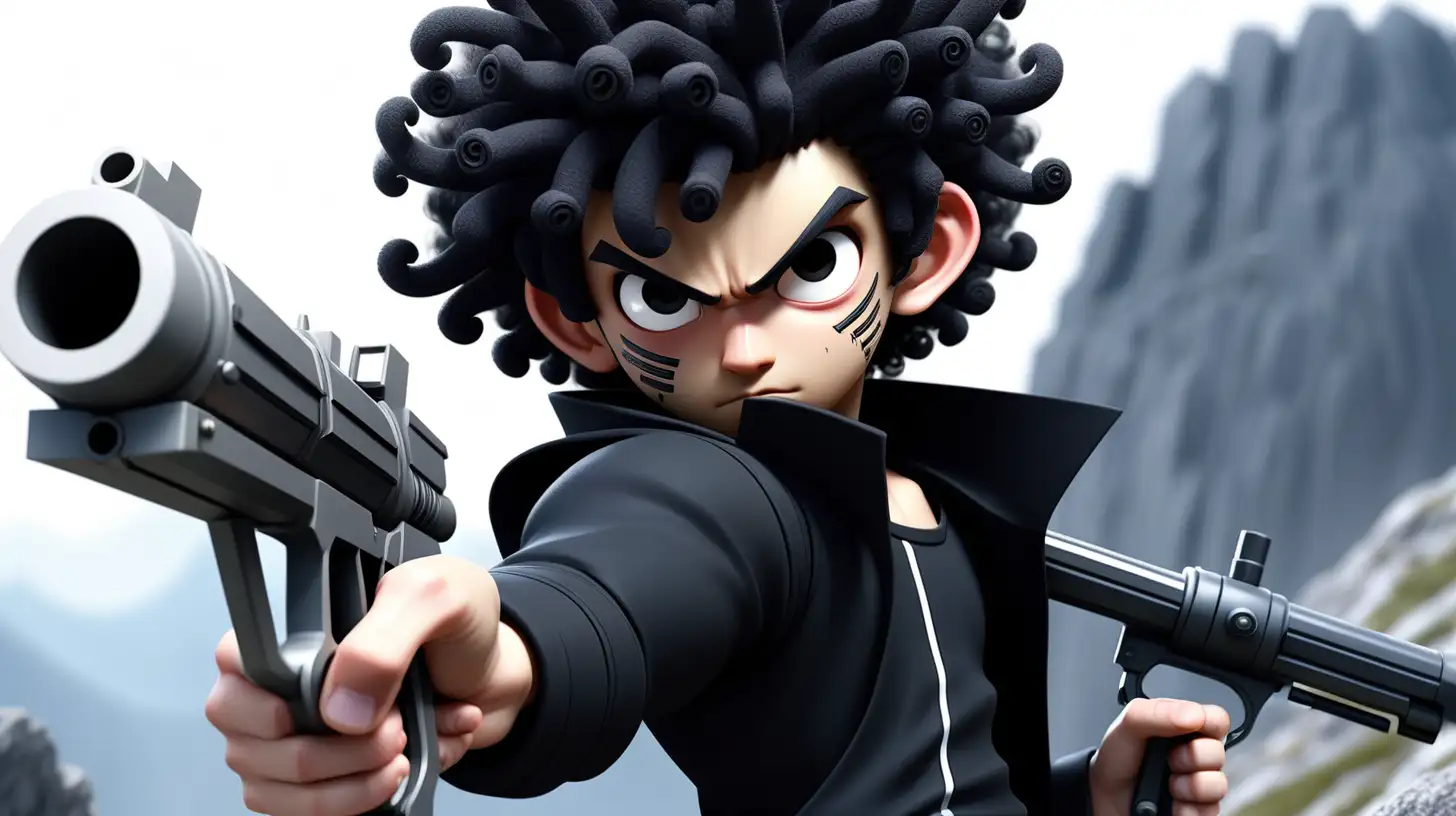 2d, anime, asian male, age 21, black curly hair, emo, thick black eyebrows, dark eyes, wearing black clothes with one white stripe, running shooting Gatling gun, In a dystopian mountain, Logan a defiant hero, confronts a relentless horde of monsters. Armed with futuristic and acrobatic prowess, 
