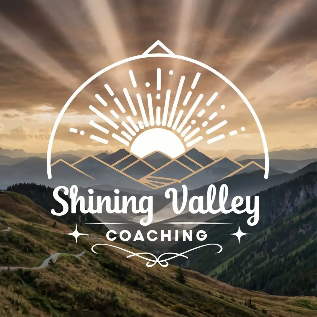 logo, sparkling valley path between mountains into crepuscular sun rays, with the text "Shining Valley Coaching", typography