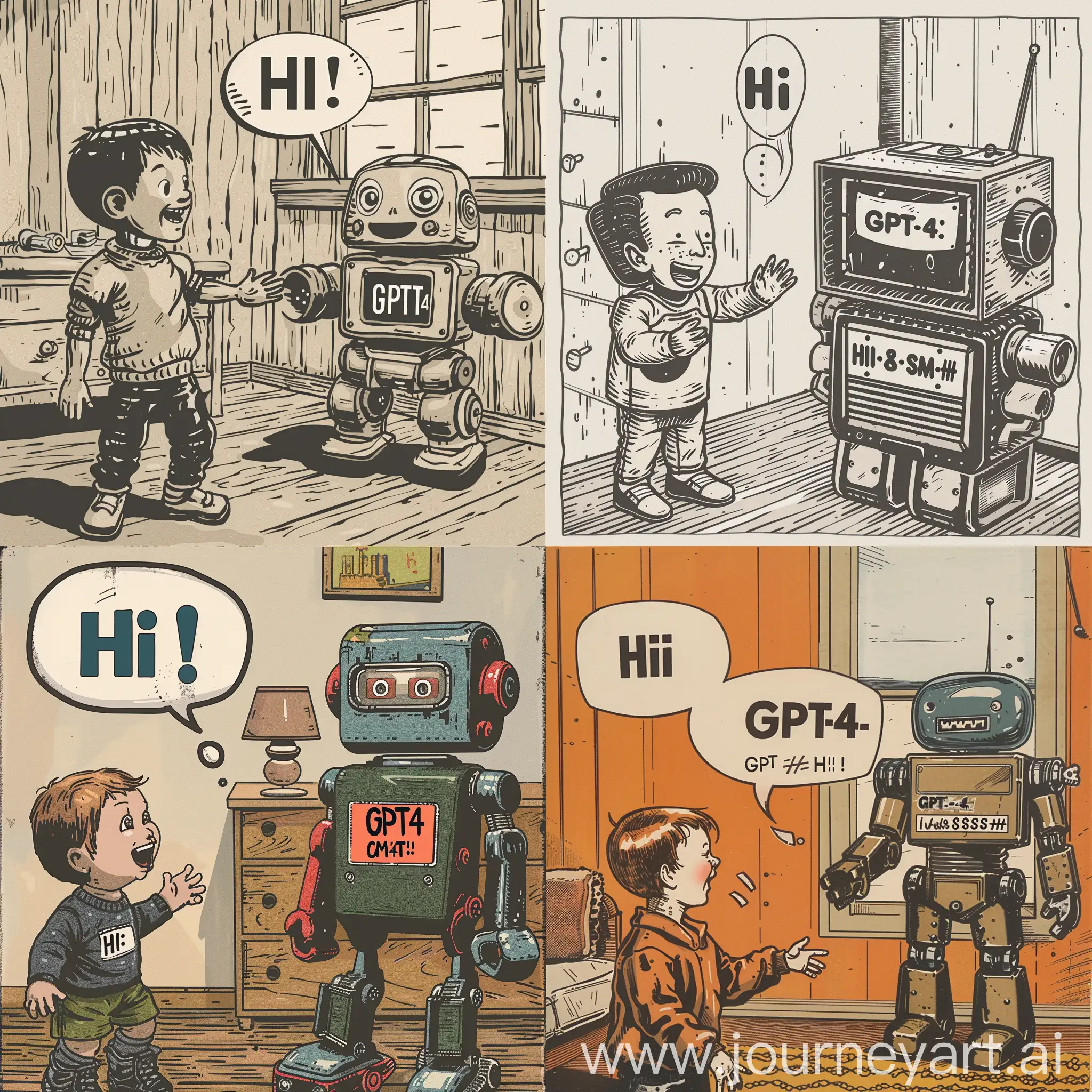 A child excitedly interacts with a toy robot in an American middle-class child's room, styled as a simple yet cozy setting.

Toy has a label with "GPT-4", showed the model of this toy.

Child greet to toy, cartoon bubble with "HI !" and toy reply to child, cartoon bubble with "HI, %&S*#@". 

The scene captures a moment of budding friendship in a newspaper cartoon style, featuring bold lines, simple shading, and expressive characters, reminiscent of classic American comics.

Created Using: bold ink lines, newspaper comic style, expressive character design, simple room decor, American middle-class aesthetic, clear dialogue bubbles, vintage toy design, hd quality, natural look 