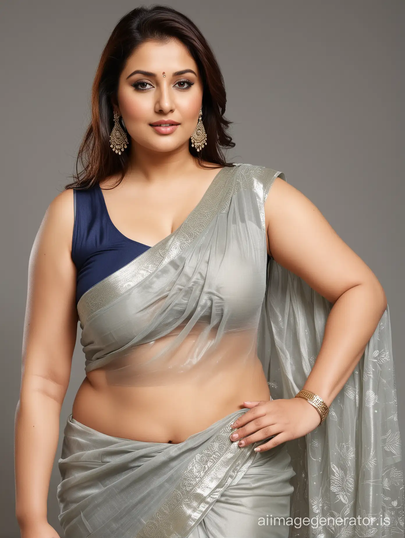 Beautiful sexy plus size aged 30 women in sleeveless transparent saree