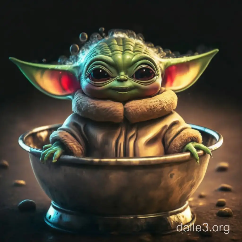 baby yoda "the child" caricature in a metal tub taking a bath and having fun