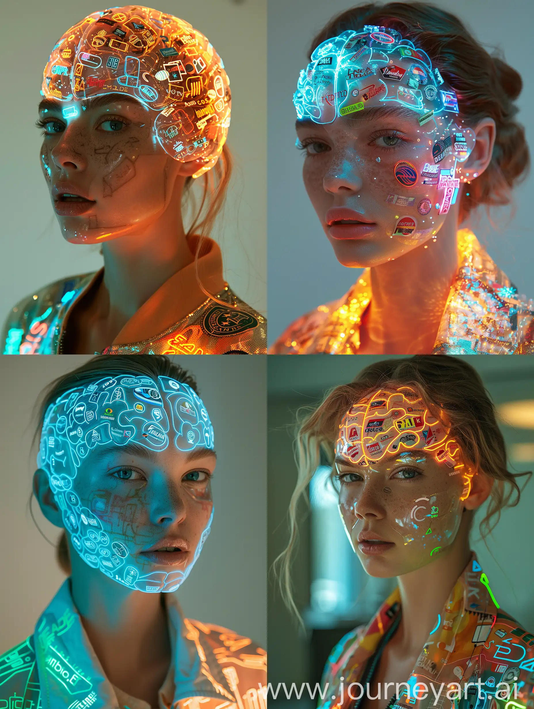 Neon-Brain-Fashion-White-Woman-with-Elaborate-Brain-Filled-with-Brand-Logos