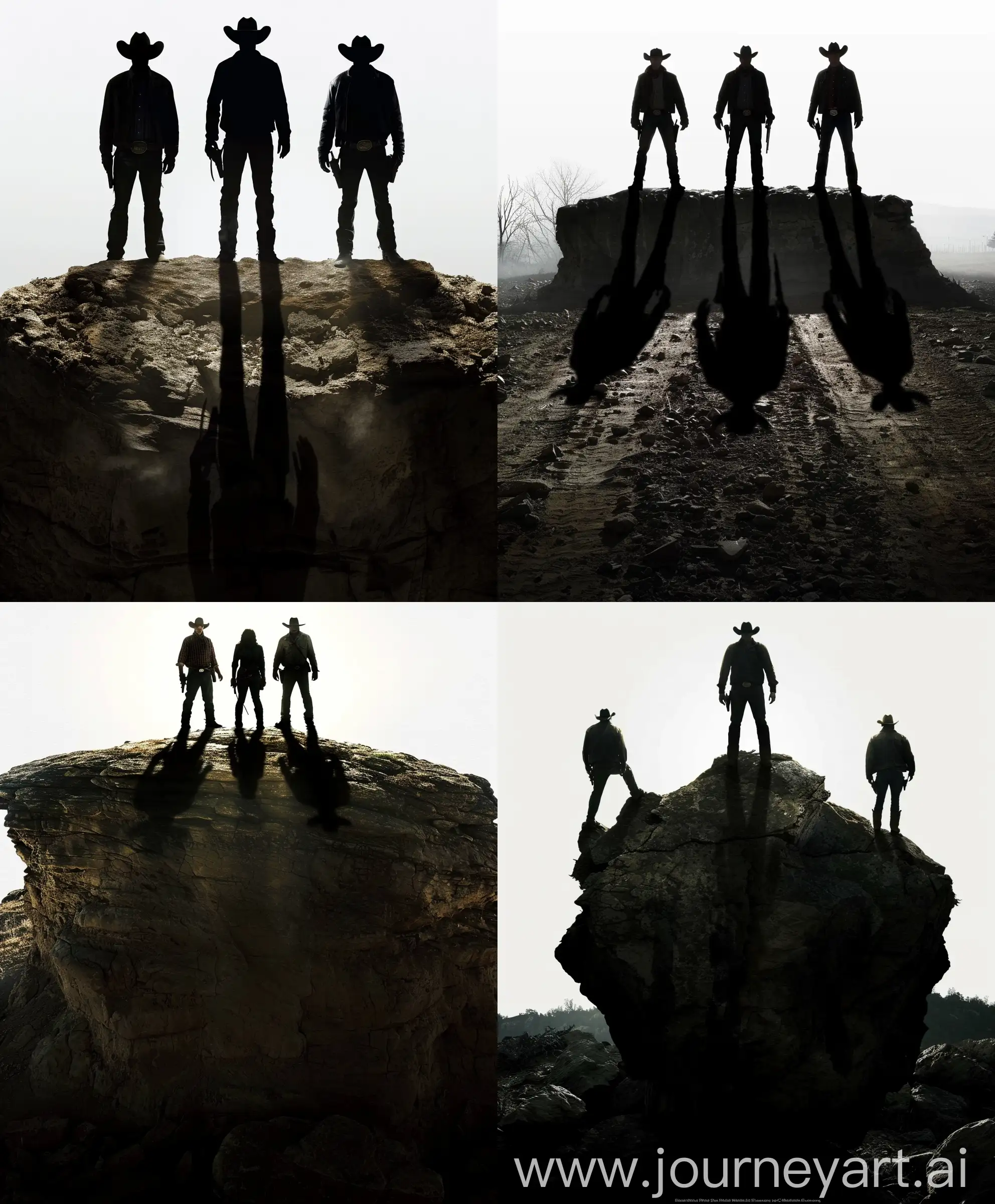 The shadow of 3 cowboys atop a rock, silhouettes, white background --sref https://i.pinimg.com/564x/9b/bb/0d/9bbb0d18e08d6ca087503a2e0f87aad9.jpg  --v 6 --style raw --ar 5:6