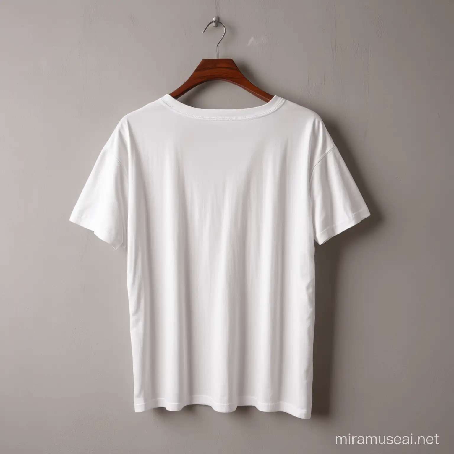 plain white drop shoulder t shirt with back side angle hanging on a wall
