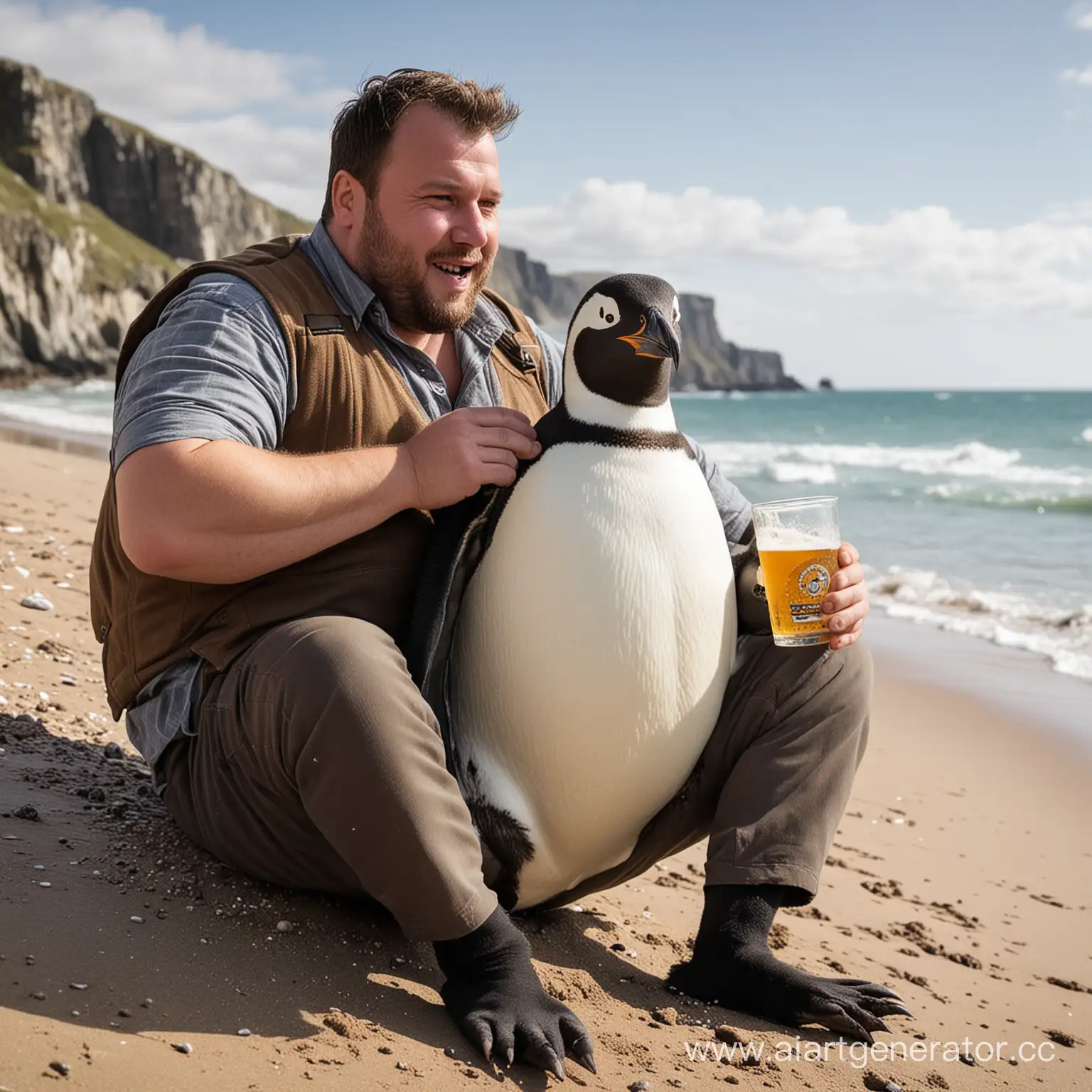 мужик с большим пузом и пинтой пива сидит на пингвине