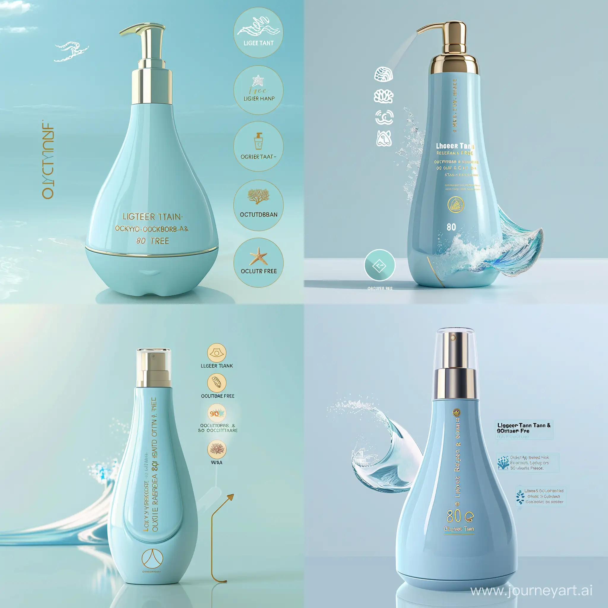 imagine a sleek, baby blue bottle. The bottle should have a dispenser and look luxorious and synoblize pleasure. The labels on the bottle should be "Lighter-Than-Air" , "Water-Resistant (80 minutes)", "Oxybenzone & Octinoxate free." They should be wrtitten in gold color. Additionally, include symbols representing the product being eco-friendly, cruelty-free, and vegan attributes. Also add a small image of a wave and a coral reef

