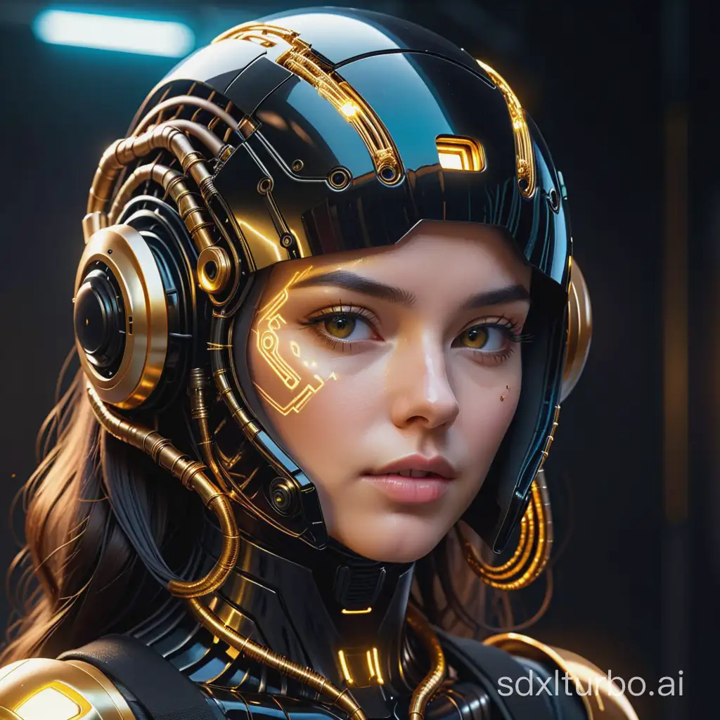 woman wearing a cyberpunk style shiny black helmet with robotic features, the reflection on her face is made of glowing golden wires with intricate details, hyper realistic photography in the style of editorial pose, photorealistic, 8k, high render
