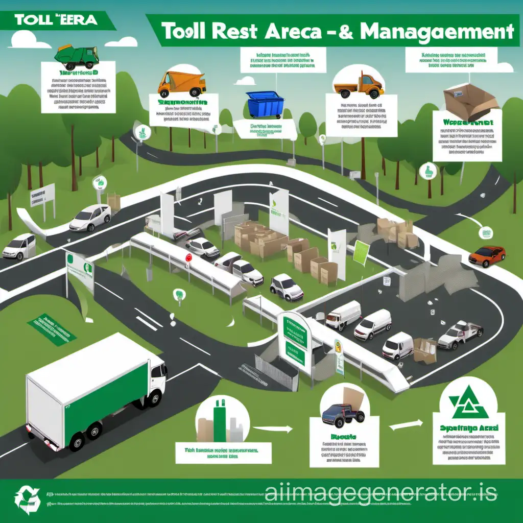 "toll rest area managament" explain in separating waste and provides 5 types of separate waste with educational infographics introducing waste separation, sorting, recycling, and the importance of environmental impact in rest area
