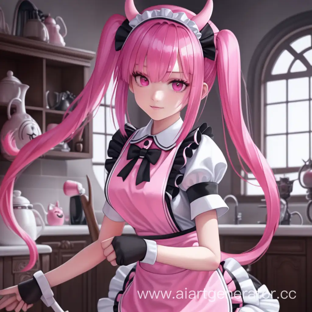  girl, pink maid uniform, pink hair, demon, demon tail
