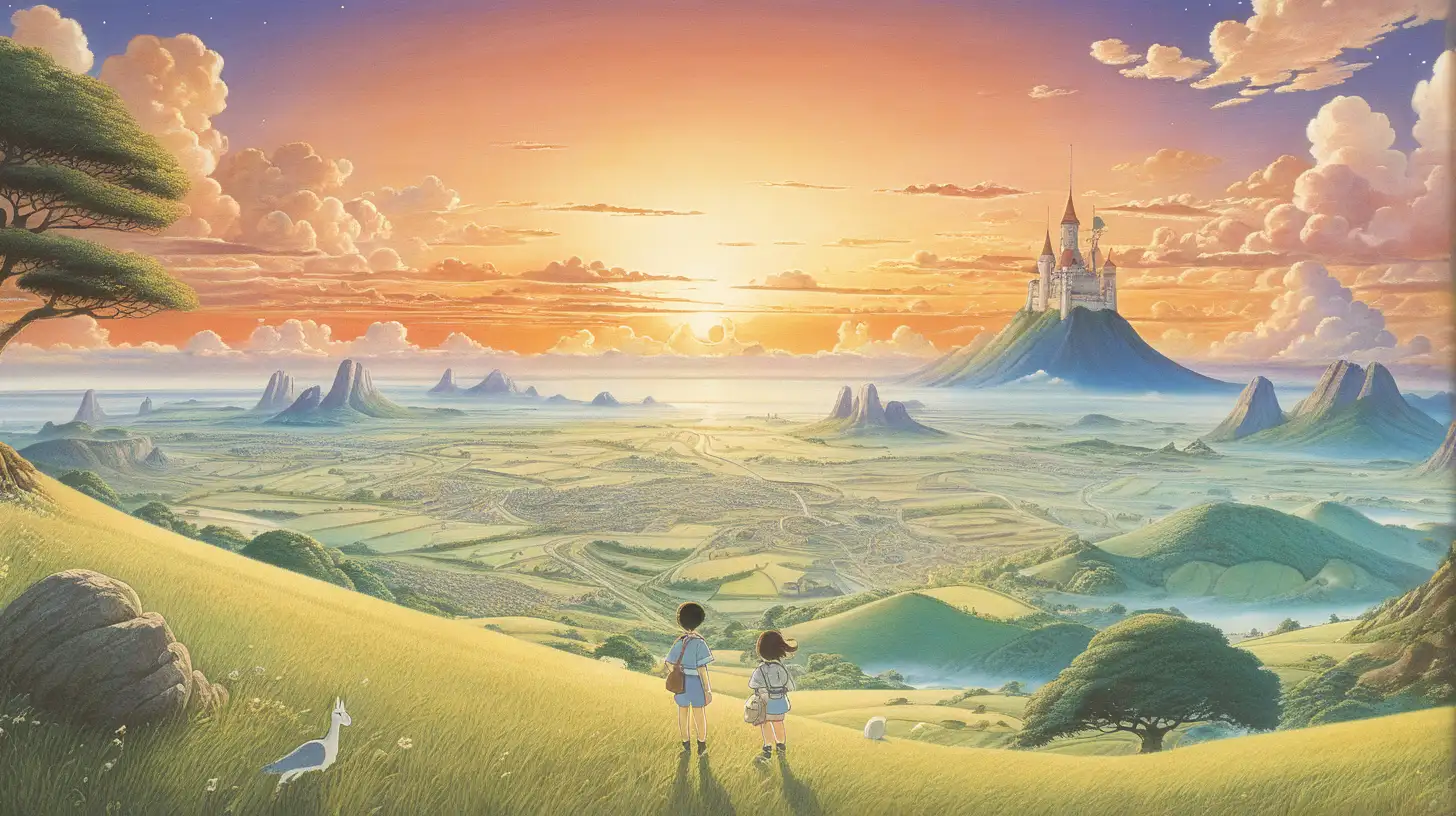 beauiful illustration of fantasy, landscape, sunset, soothing, dreaming, music, amazing detailed game poster, Hayao Miyazaki --ar3:2 --niji 5