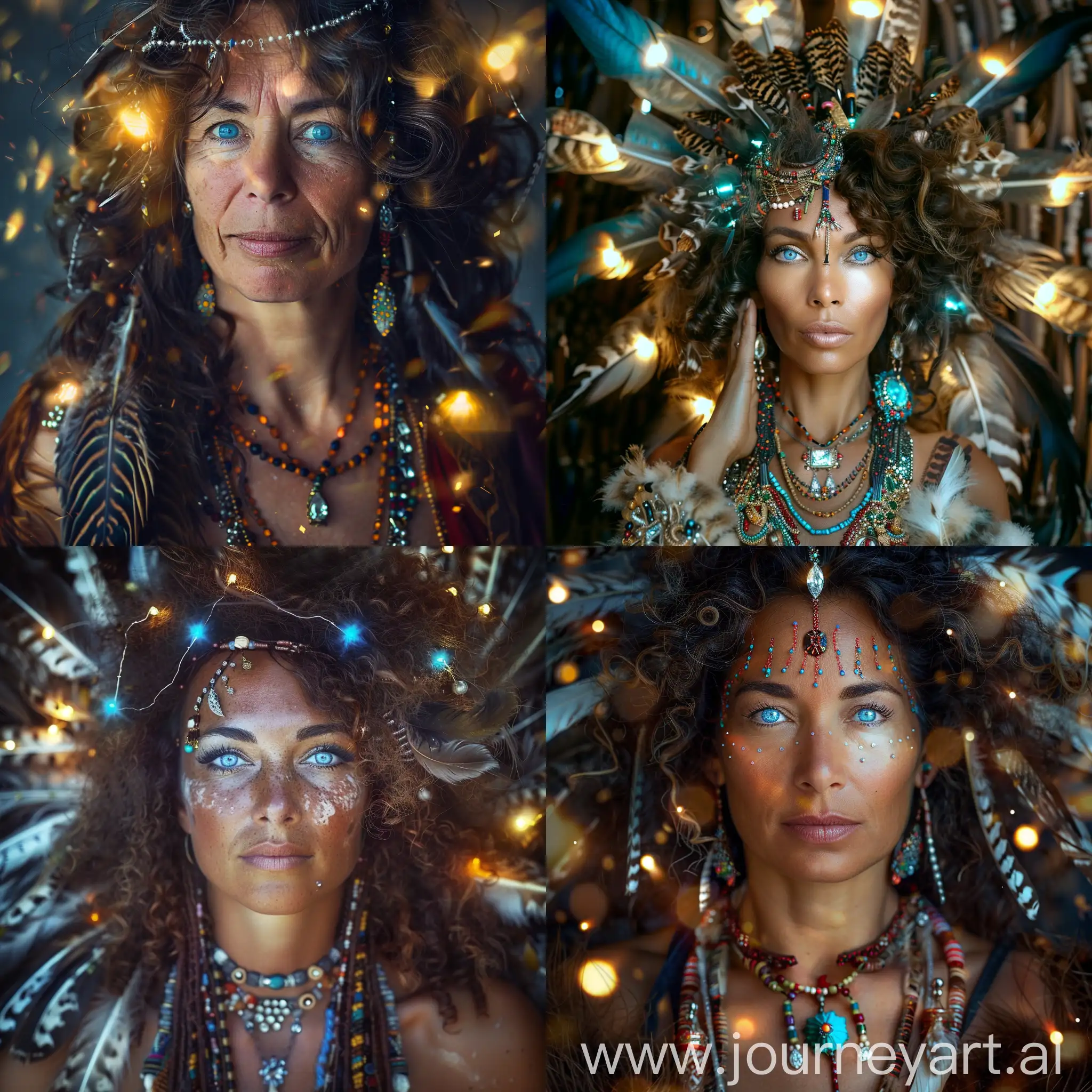 Indian-Shaman-Woman-with-Curly-Brunette-Hair-and-Blue-Eyes-Adorned-with-Feathers-and-Beads
