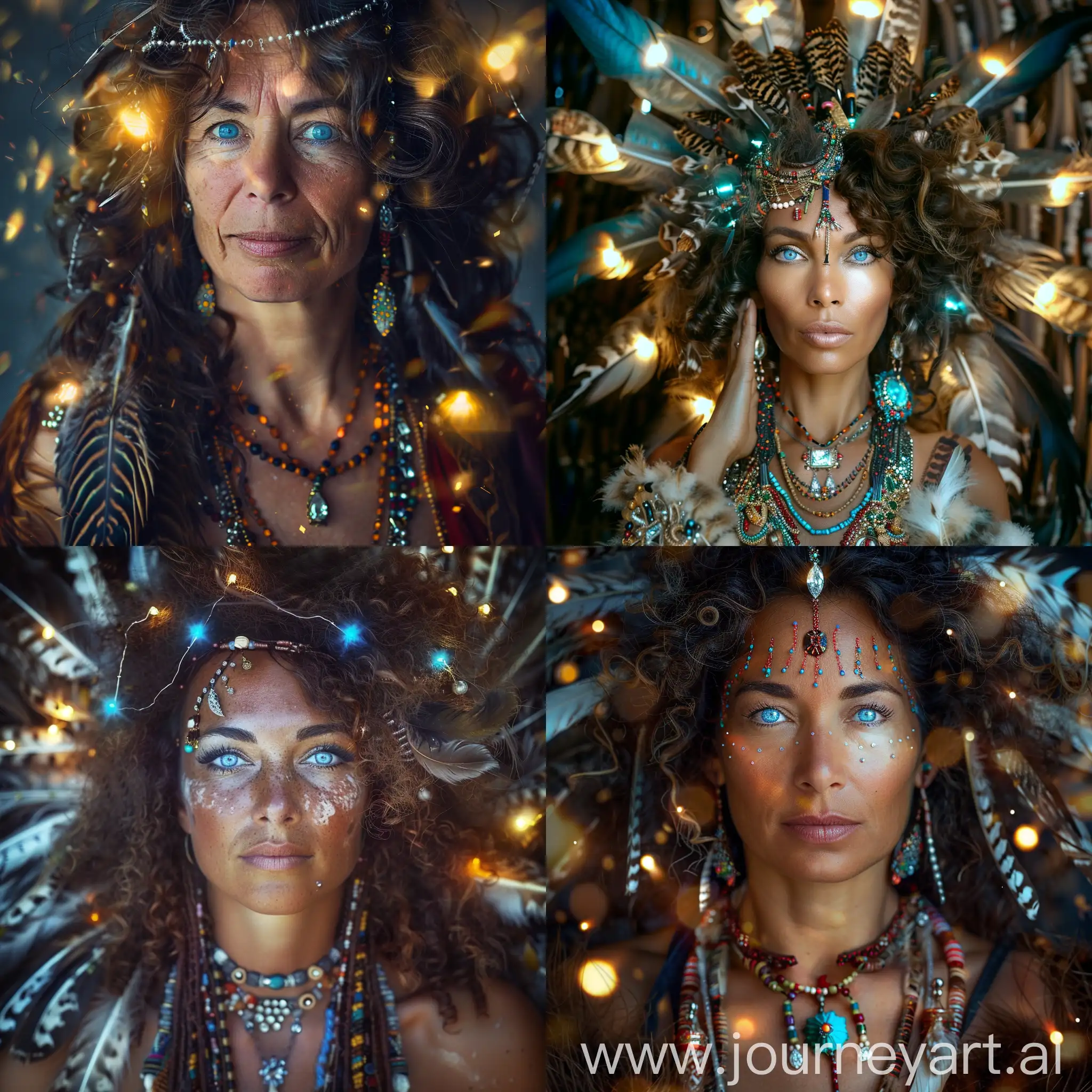 mujer, india, ojos azules, morena, melena rizada, plumas, avalorios, luces, diamantes, ines prats, chaman, 48 años