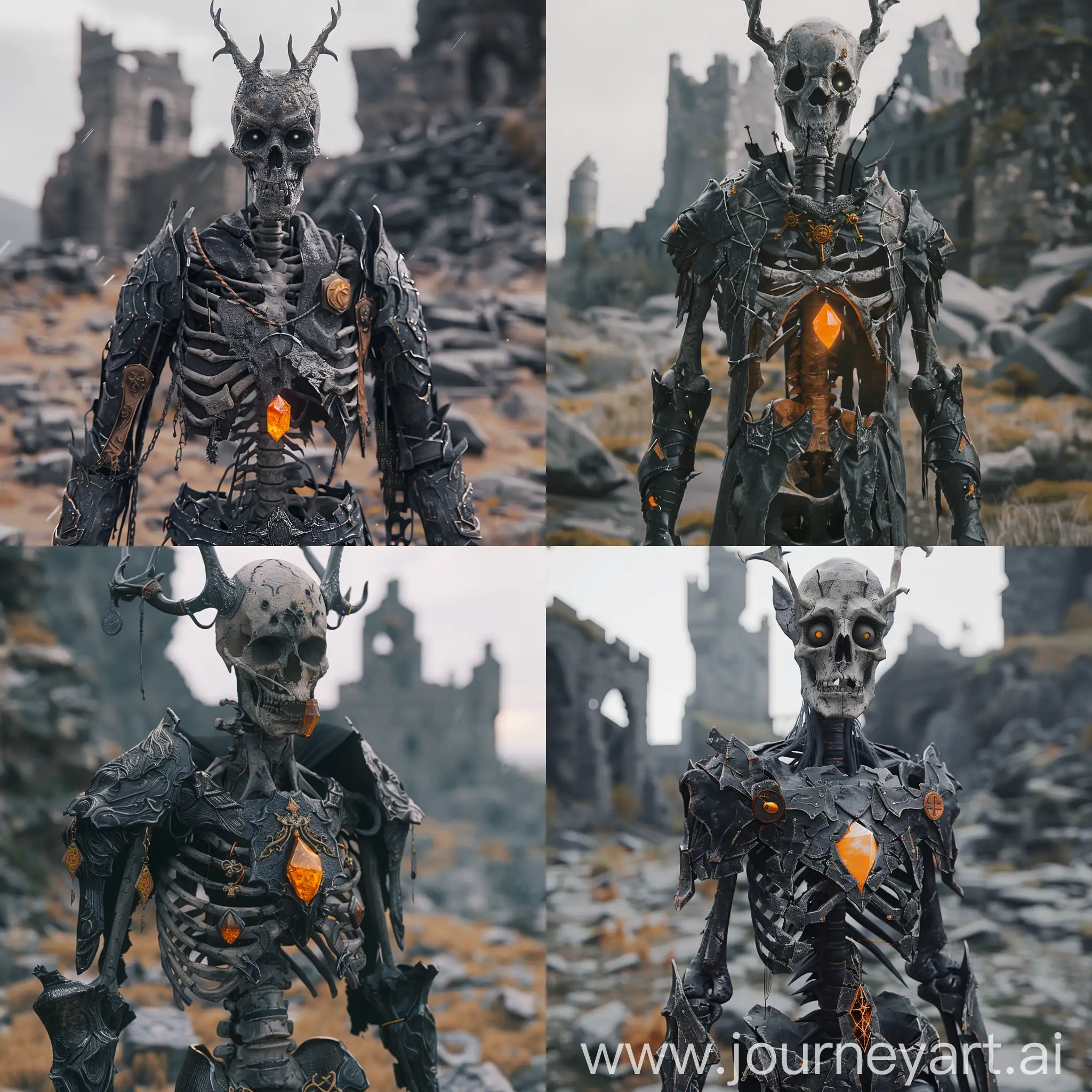 masterpiece, high poly, highly detailed, 4k, high resolution, lifeless, desolate, light armour, fantasy humanoid, humanoid skeleton with deer skull, hollow eyes, damaged bones, scarred, black, dark, dark fantasy, talismans on body, orange crystal embedded in chest, arcane, old, broken armour, torn fabric, time worn, ultra realistic, unreal engine 5, cinematic lighting, magic, destroyed castle ruins in background