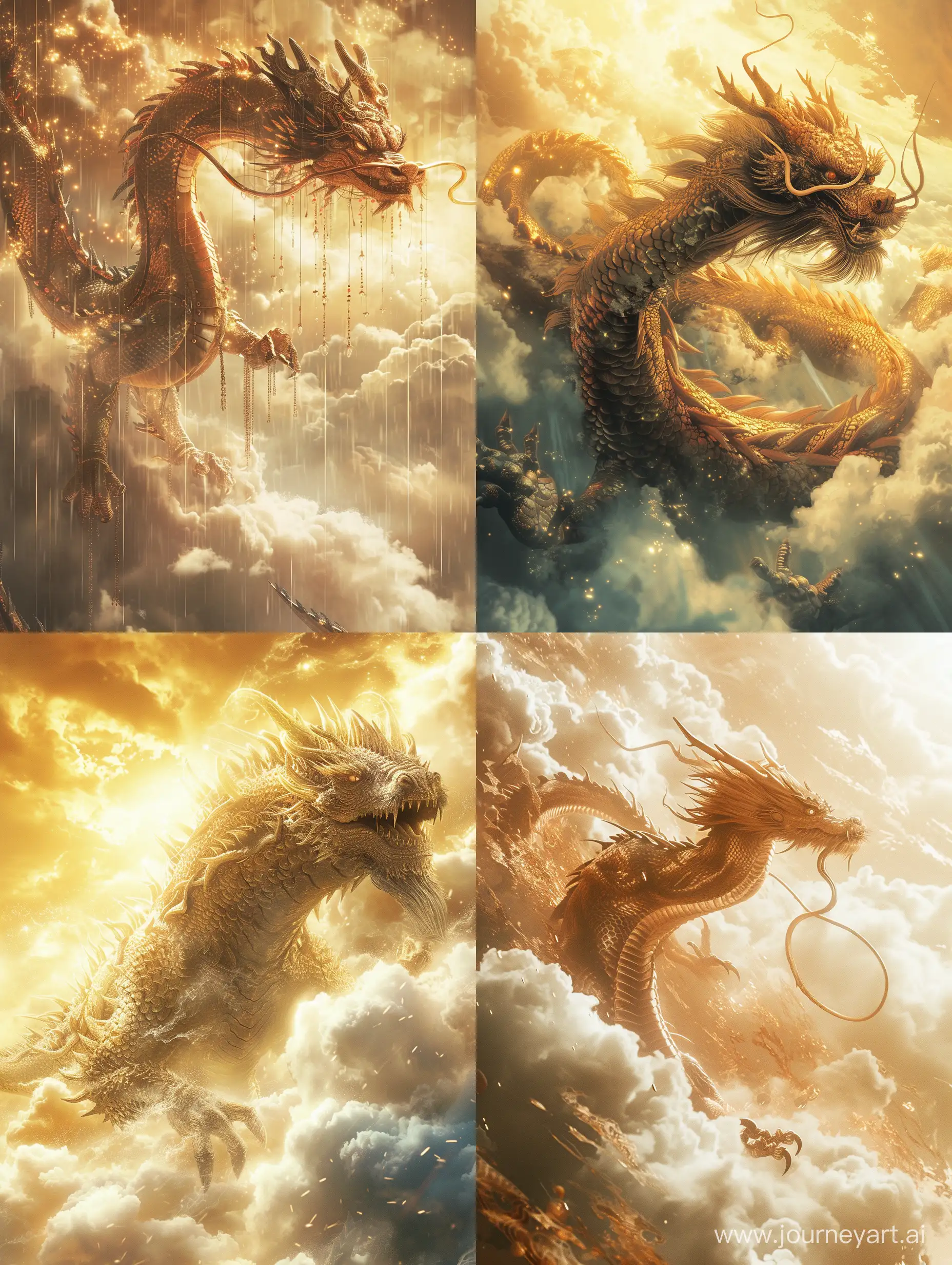Chinese dragon, a giant dragon cutely walks out from the white gold clouds, the dragon and the background are strong, extreme details, backlighting, cyberpunk